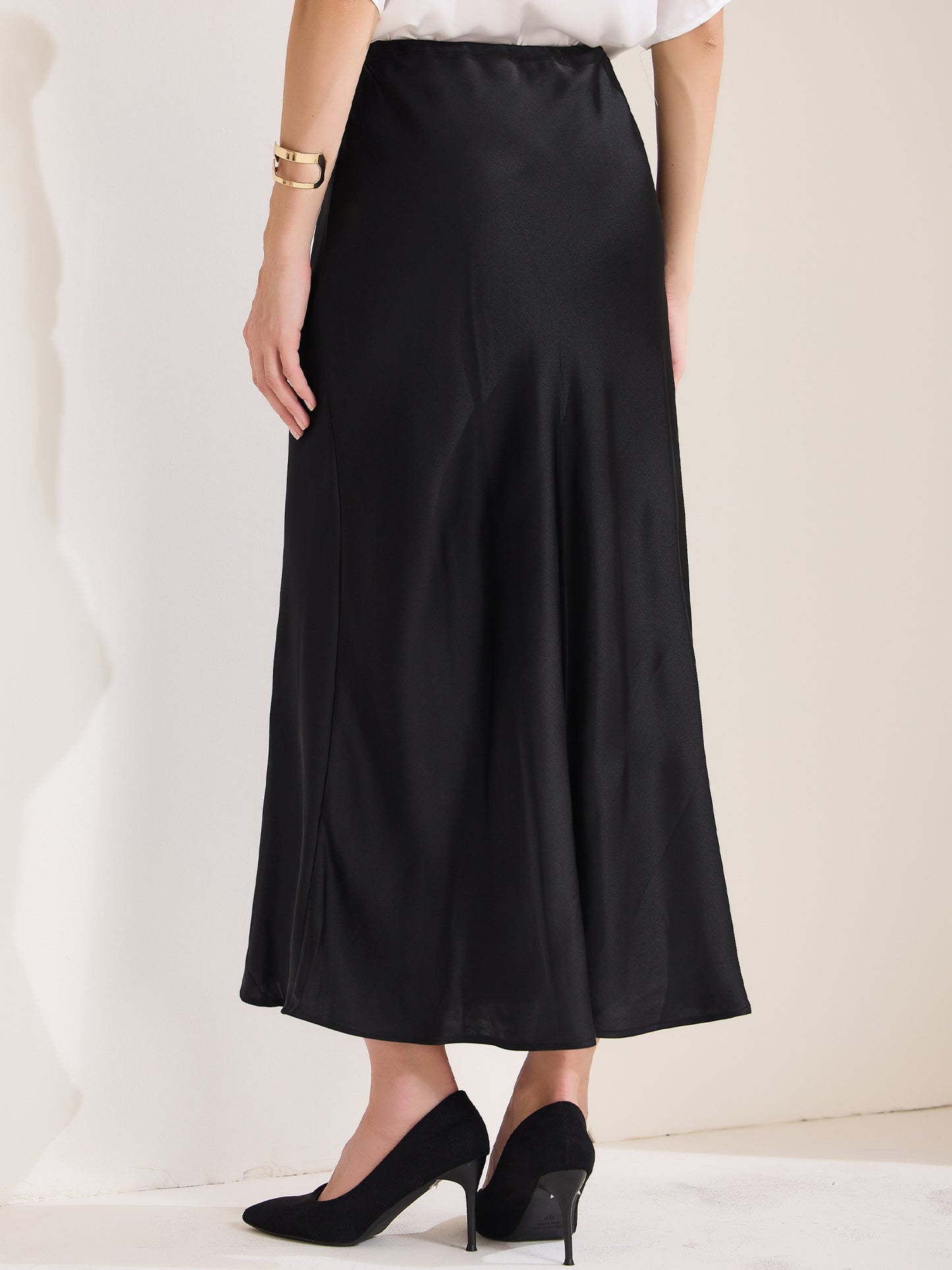 Women's Satin High Waist Drawstring Flared Summer A-Line Maxi Skirt