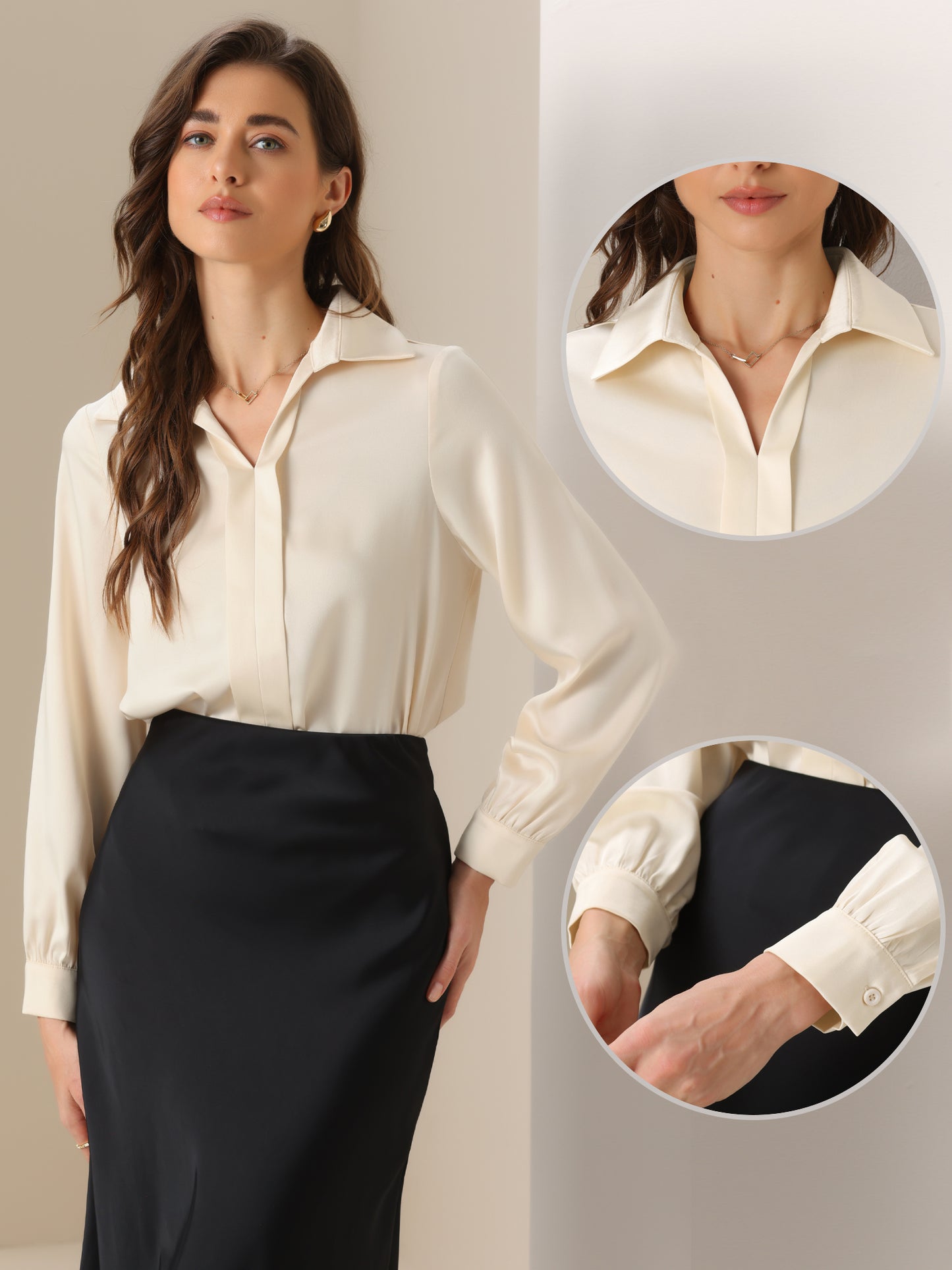 Women's Satin Blouse Bodysuit V Neck Long Sleeve Business Work Collared Shirt Top Bodysuit