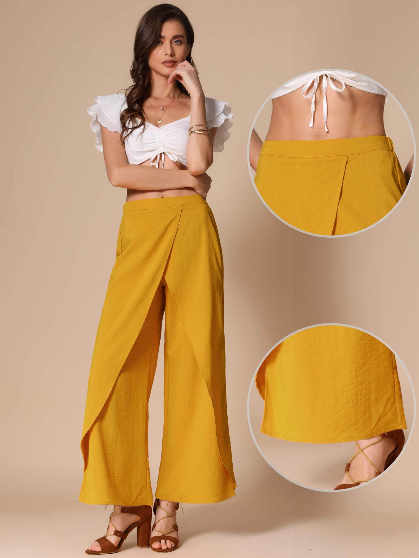Pantalones casuales de pierna ancha para mujer, cintura alta elástica, pantalones holgados con abertura lateral