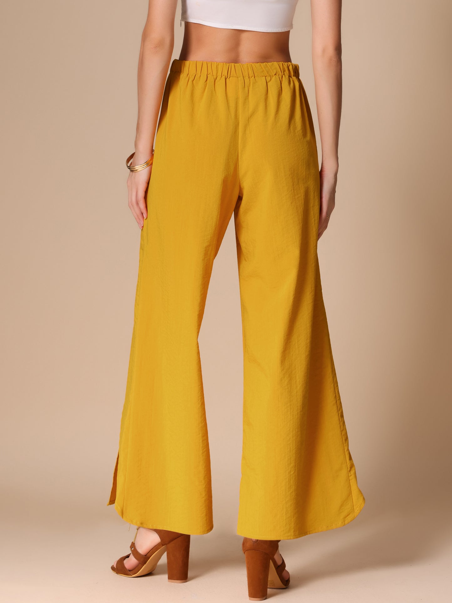 Pantalones casuales de pierna ancha para mujer, cintura alta elástica, pantalones holgados con abertura lateral