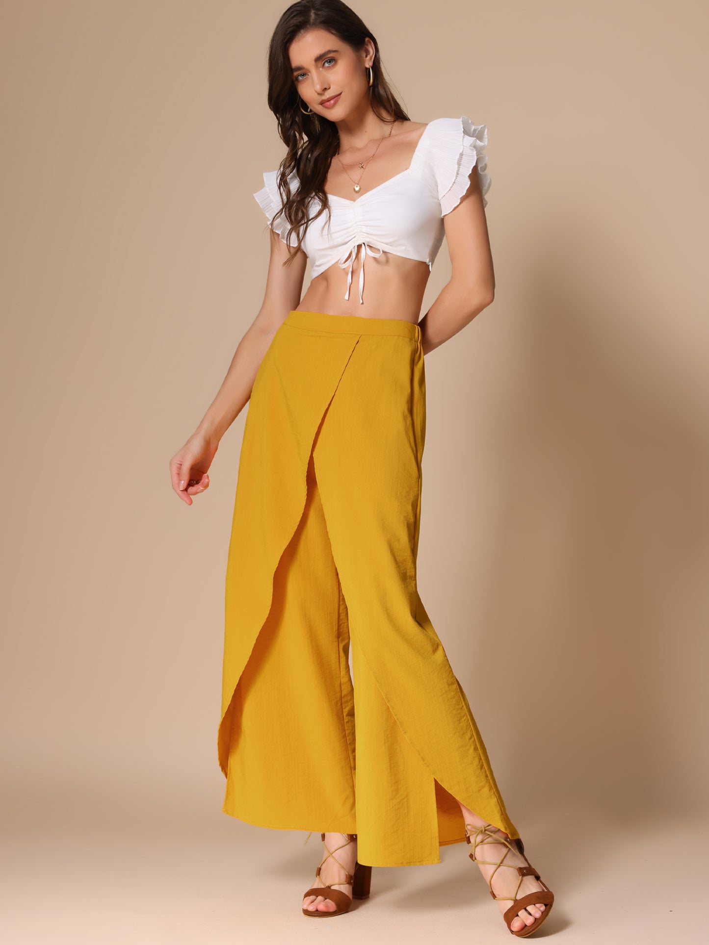Pantalones casuales de pierna ancha para mujer, cintura alta elástica, pantalones holgados con abertura lateral