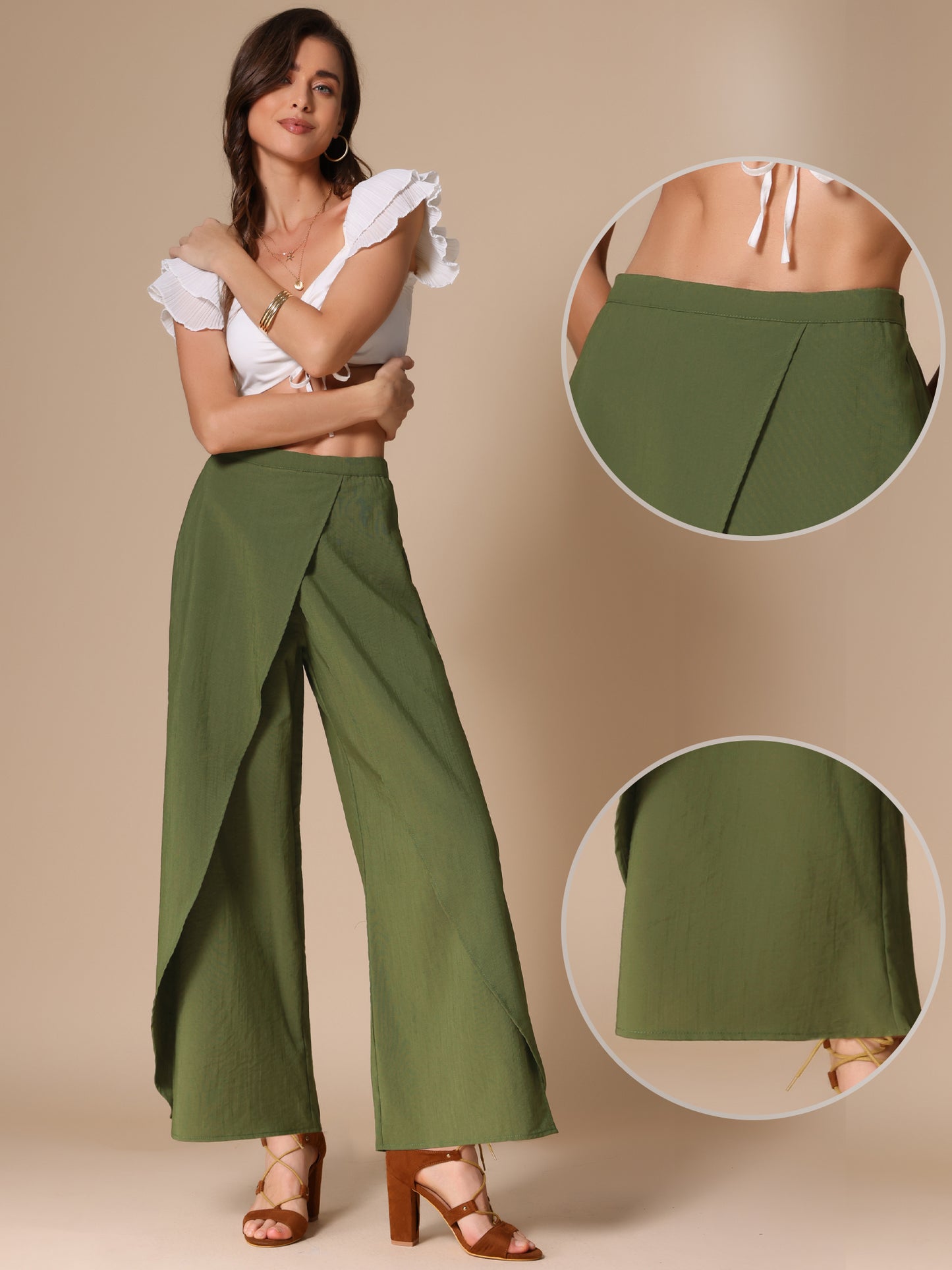 Pantalones casuales de pierna ancha para mujer, cintura alta elástica, pantalones holgados con abertura lateral