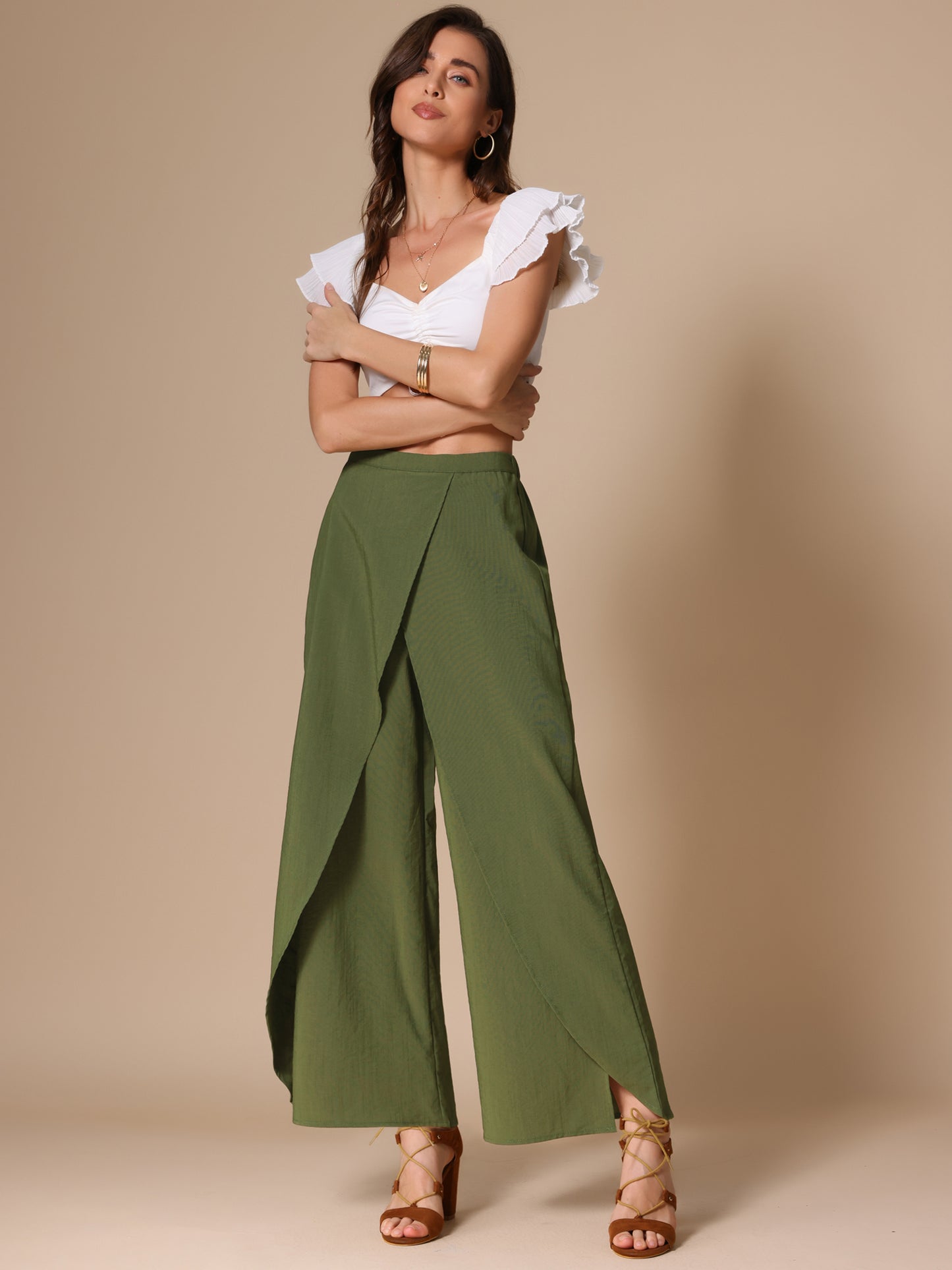 Pantalones casuales de pierna ancha para mujer, cintura alta elástica, pantalones holgados con abertura lateral
