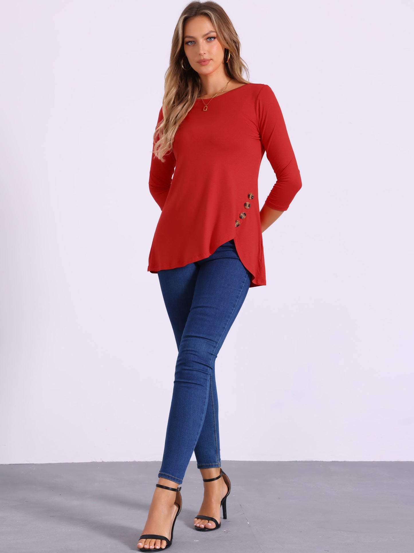 Women's Tunic T-shirt Loose Asymmetry Hem 3/4 Sleeve Round Neck Casual Basic Top