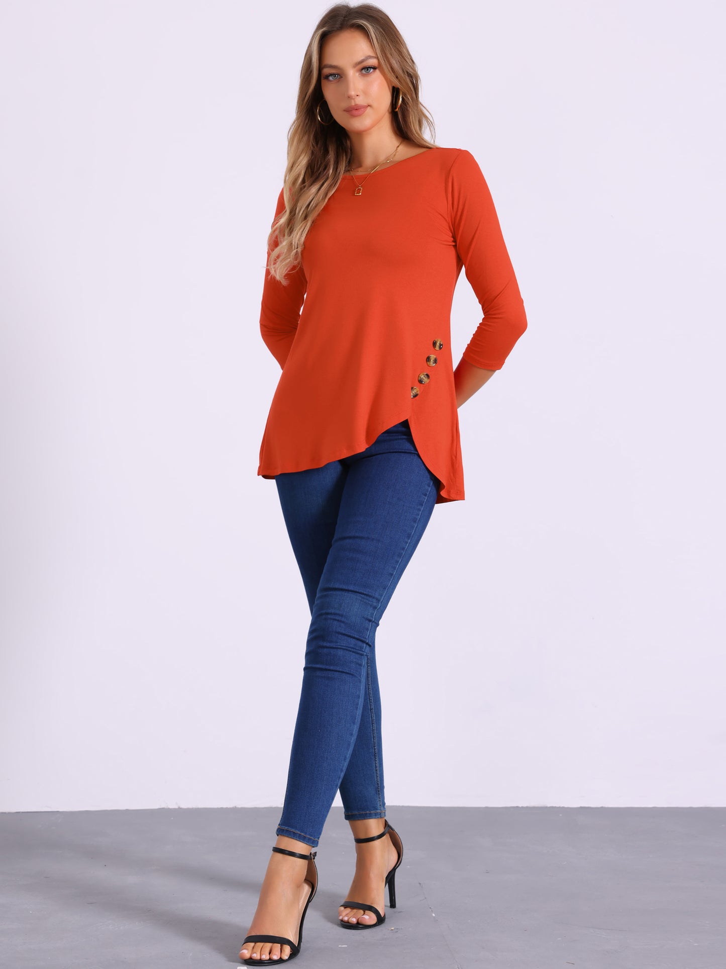 Women's Tunic T-shirt Loose Asymmetry Hem 3/4 Sleeve Round Neck Casual Basic Top