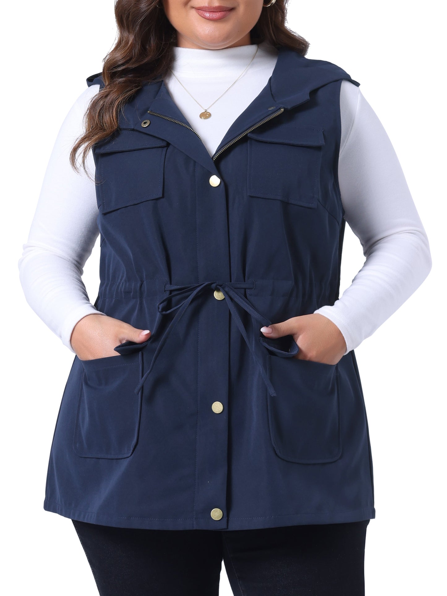 Women Plus Size Anorak Utility Vest Drawstring Lightweight Sleeveless Cargo Hooded Jacket