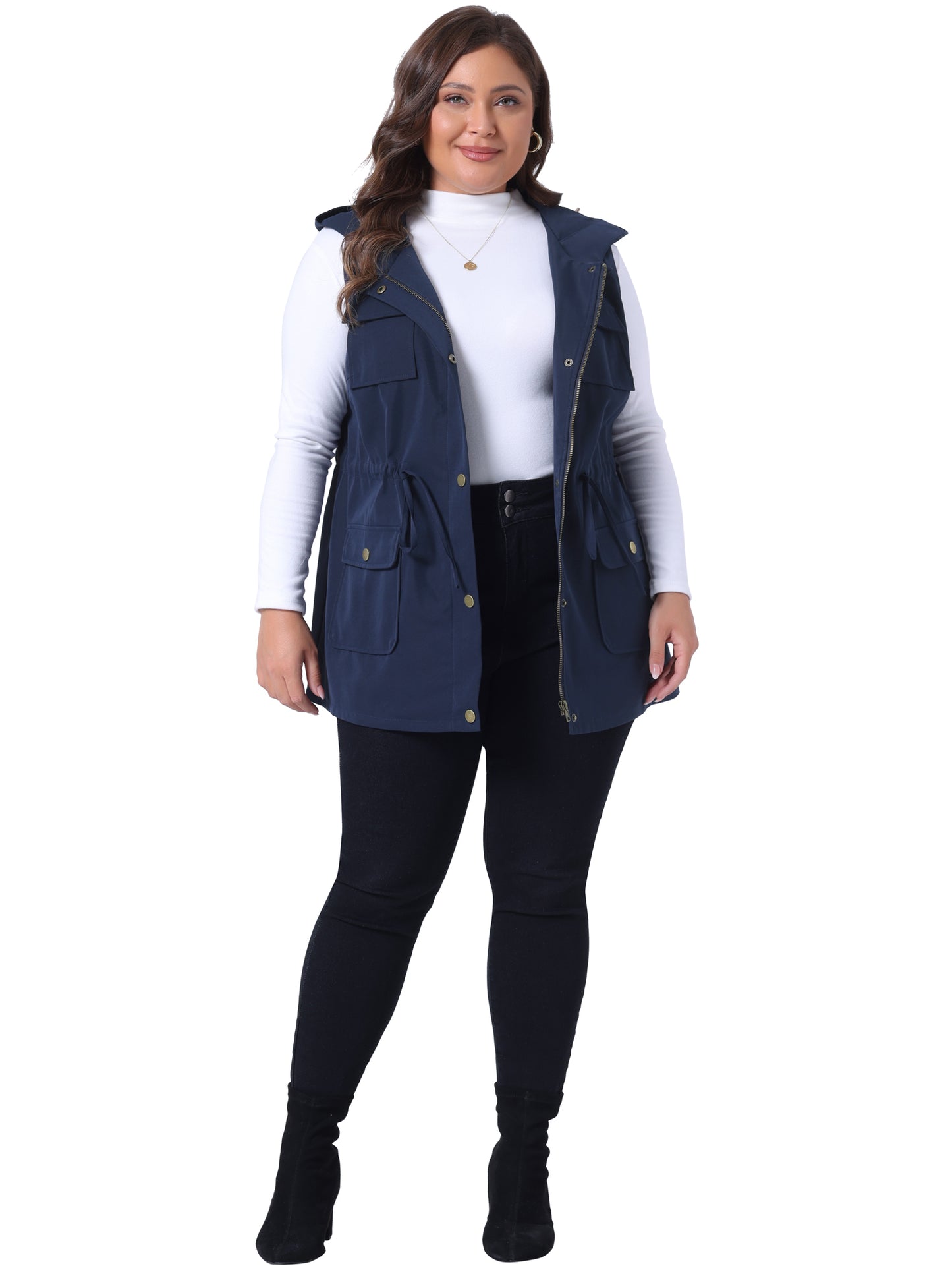 Women Plus Size Anorak Utility Vest Drawstring Lightweight Sleeveless Cargo Hooded Jacket