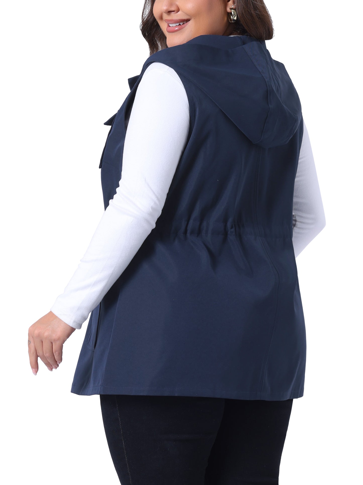 Women Plus Size Anorak Utility Vest Drawstring Lightweight Sleeveless Cargo Hooded Jacket