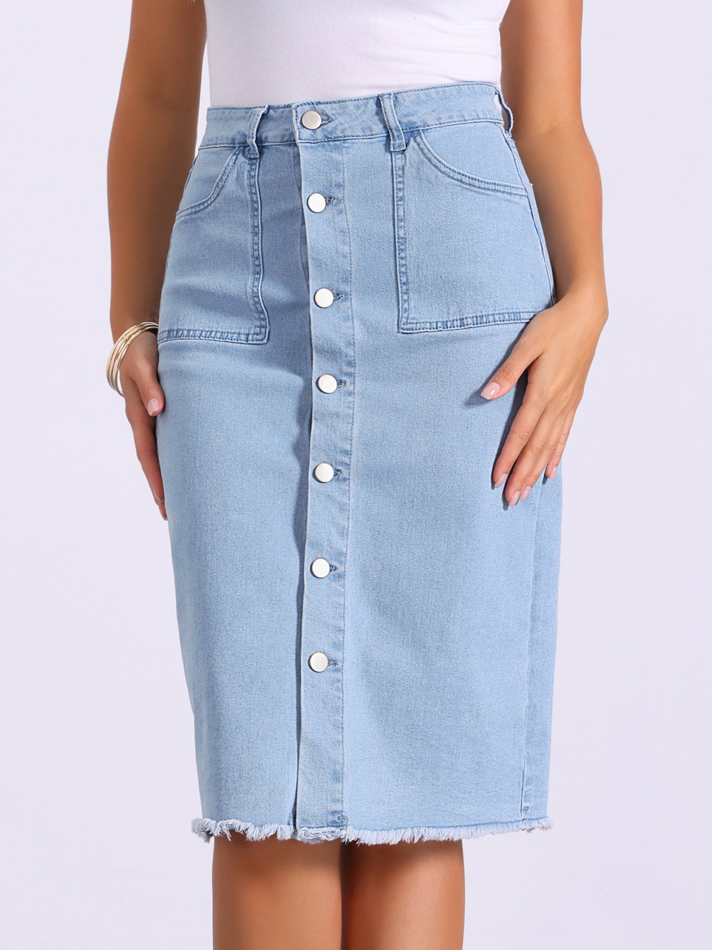 Women's Button Down High Waist Frayed Raw Hem Jean Midi Denim Skirt
