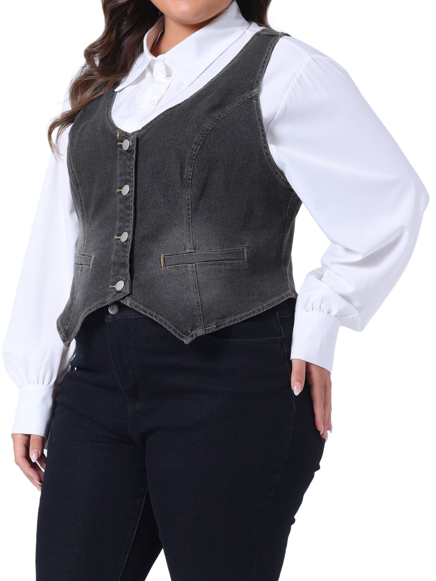 Women Plus Size Denim Vest Jean Top Button Down Waistcoat Casual Sleeveless Jacket