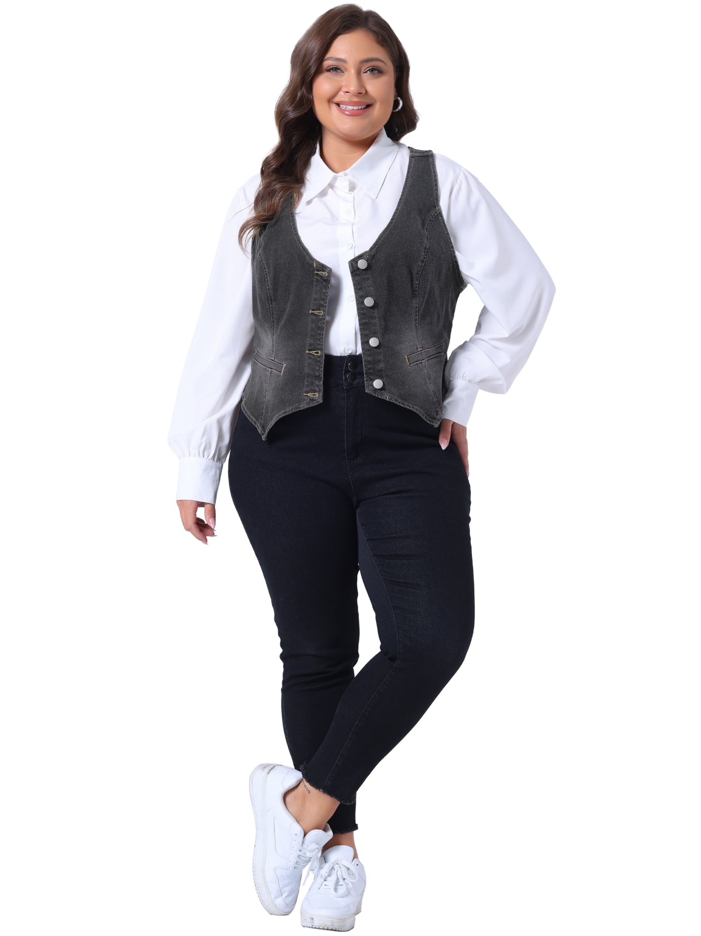 Women Plus Size Denim Vest Jean Top Button Down Waistcoat Casual Sleeveless Jacket