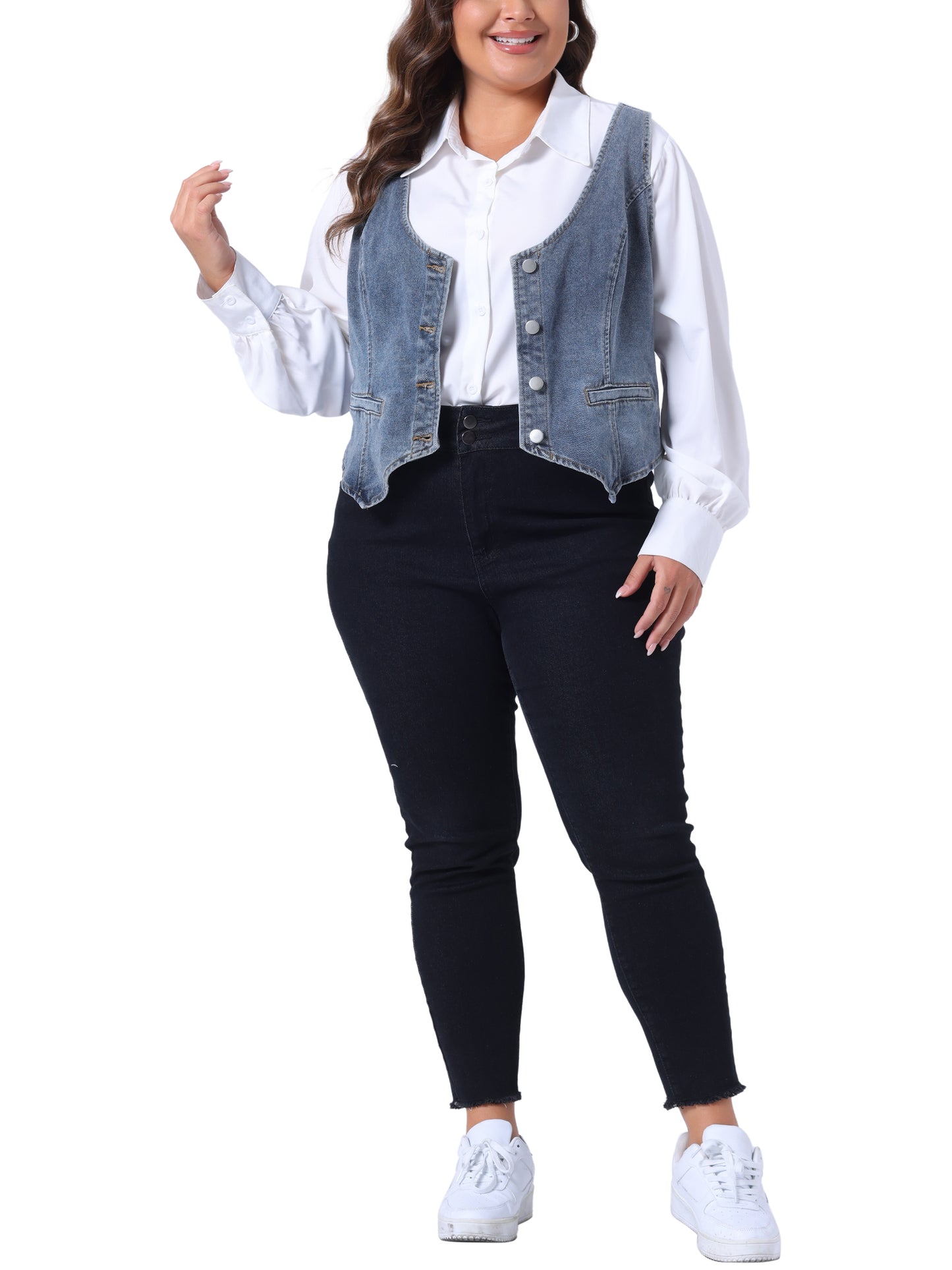 Women Plus Size Denim Vest Jean Top Button Down Waistcoat Casual Sleeveless Jacket