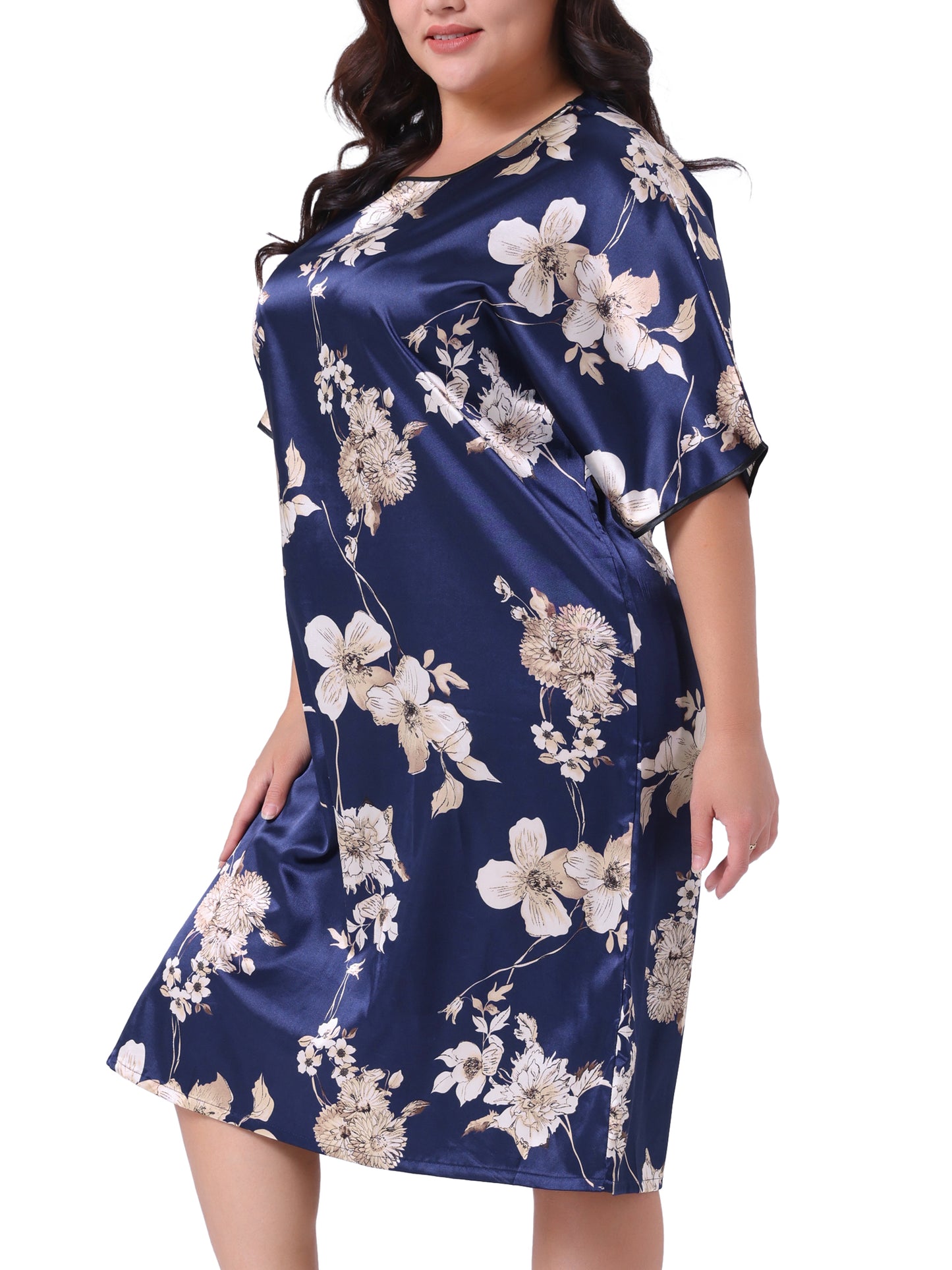 Women Plus Size Nightgown Satin Floral Print Short Sleeve Round Neck Midi Sleepwear