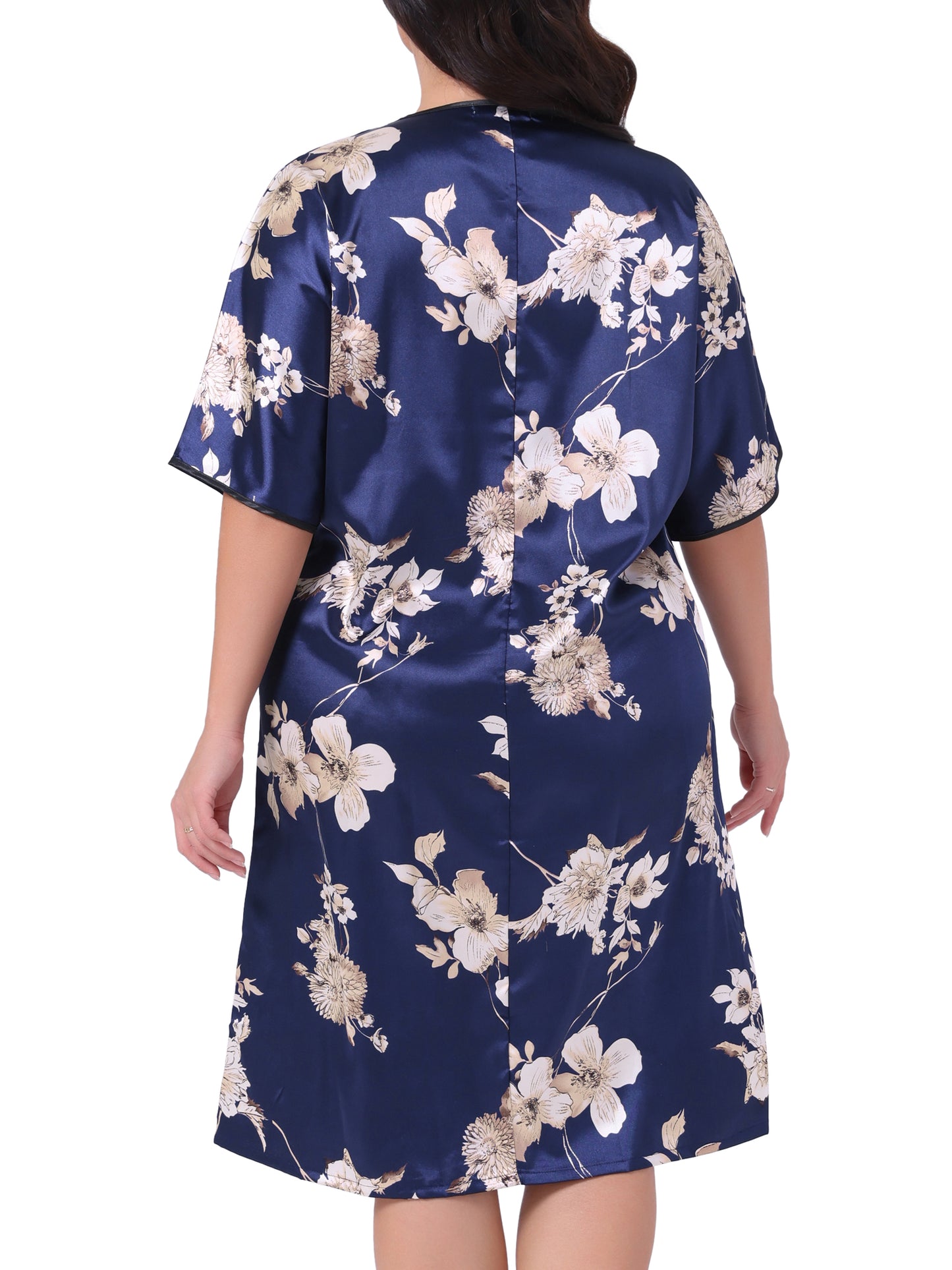 Women Plus Size Nightgown Satin Floral Print Short Sleeve Round Neck Midi Sleepwear