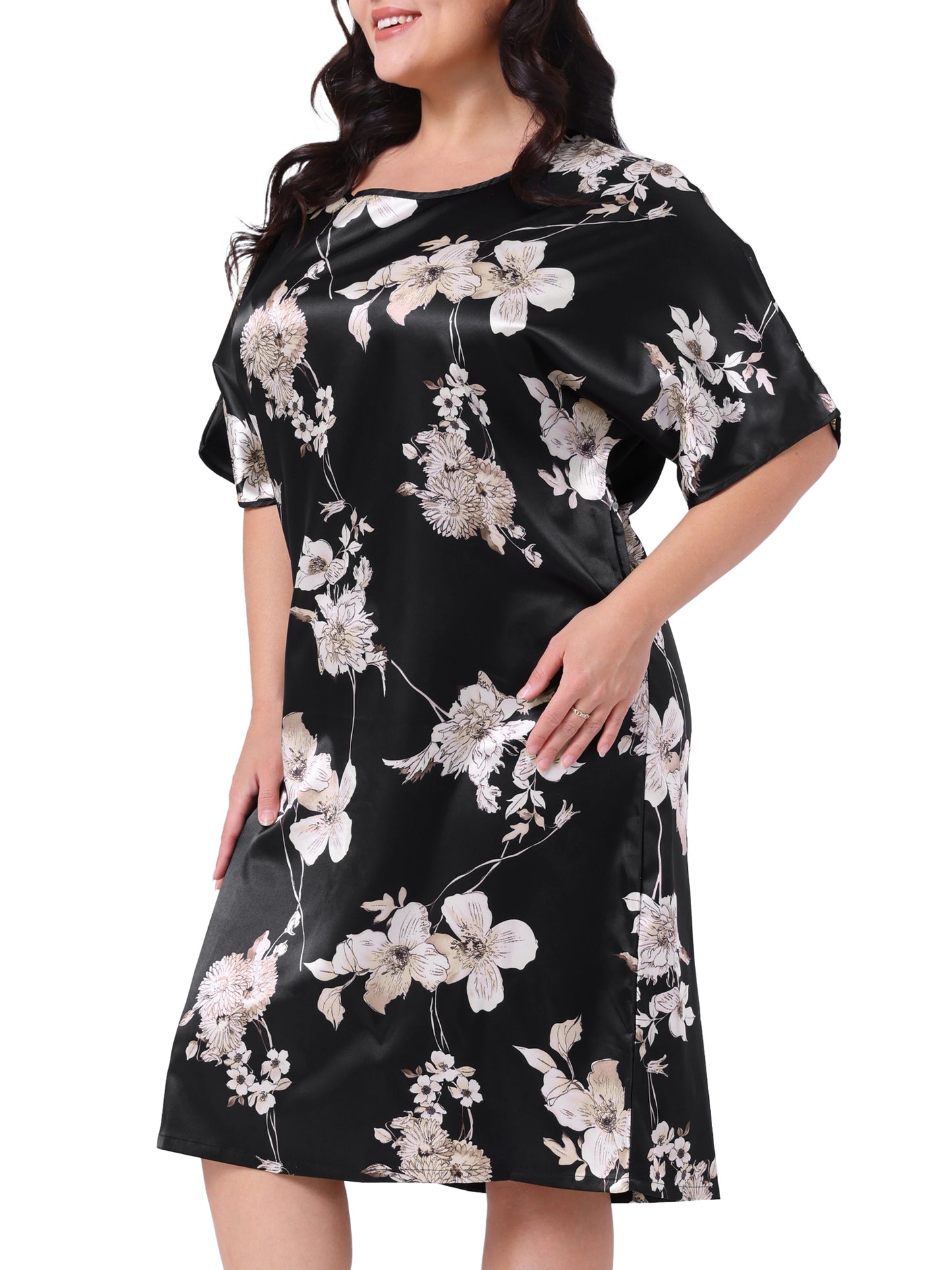 Camisón de satén con estampado floral para mujer, talla grande, manga corta, cuello redondo, midi
