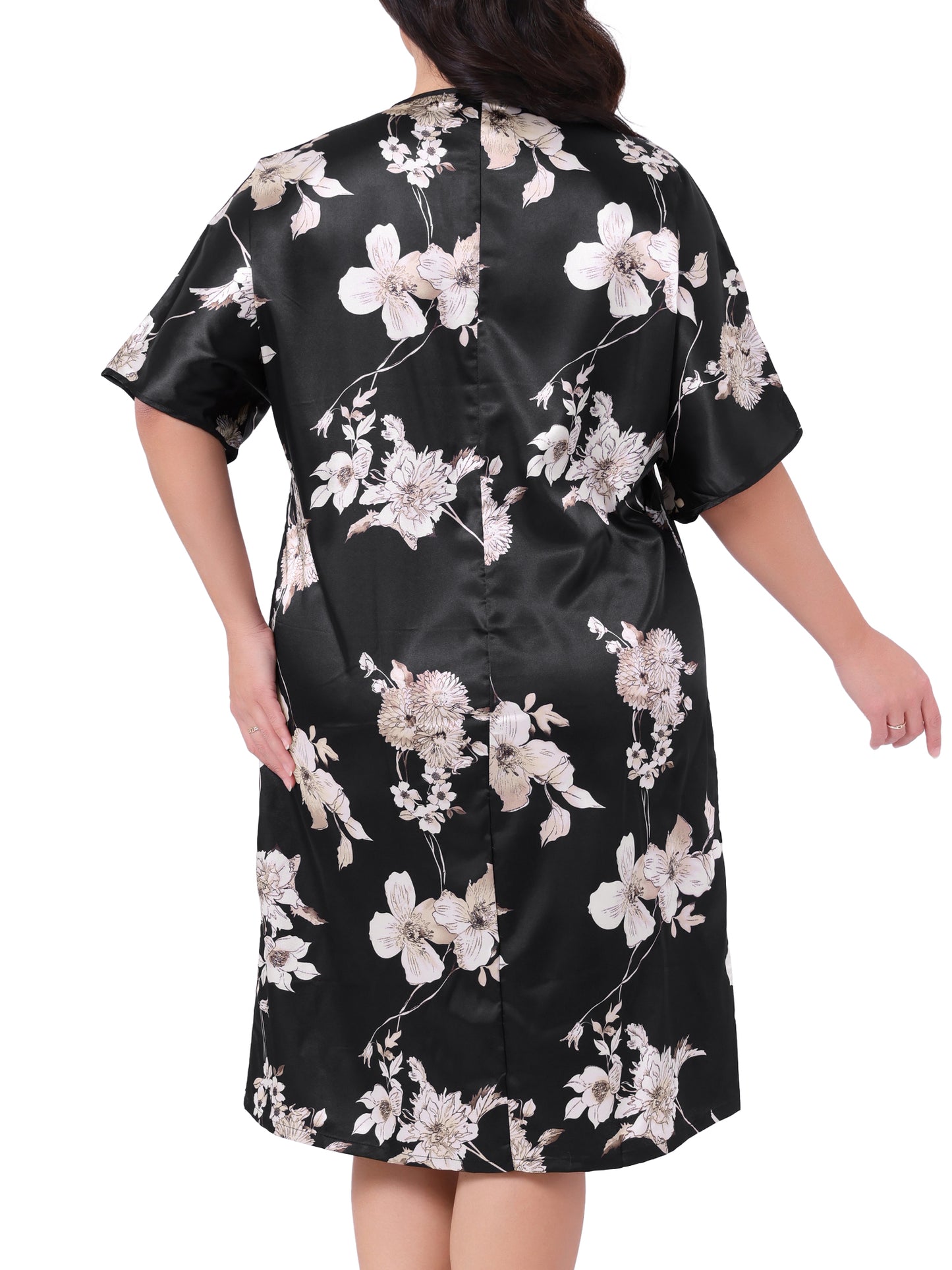 Camisón de satén con estampado floral para mujer, talla grande, manga corta, cuello redondo, midi