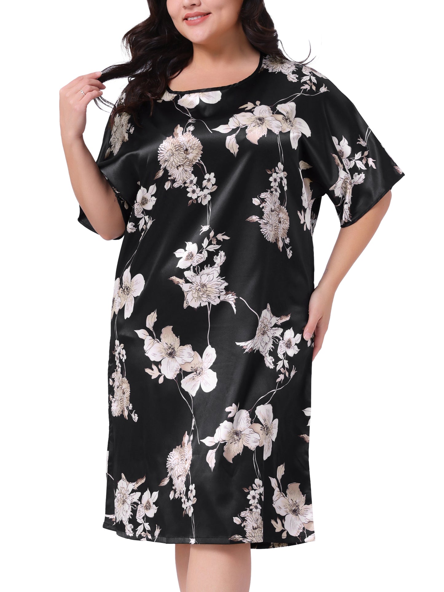 Camisón de satén con estampado floral para mujer, talla grande, manga corta, cuello redondo, midi