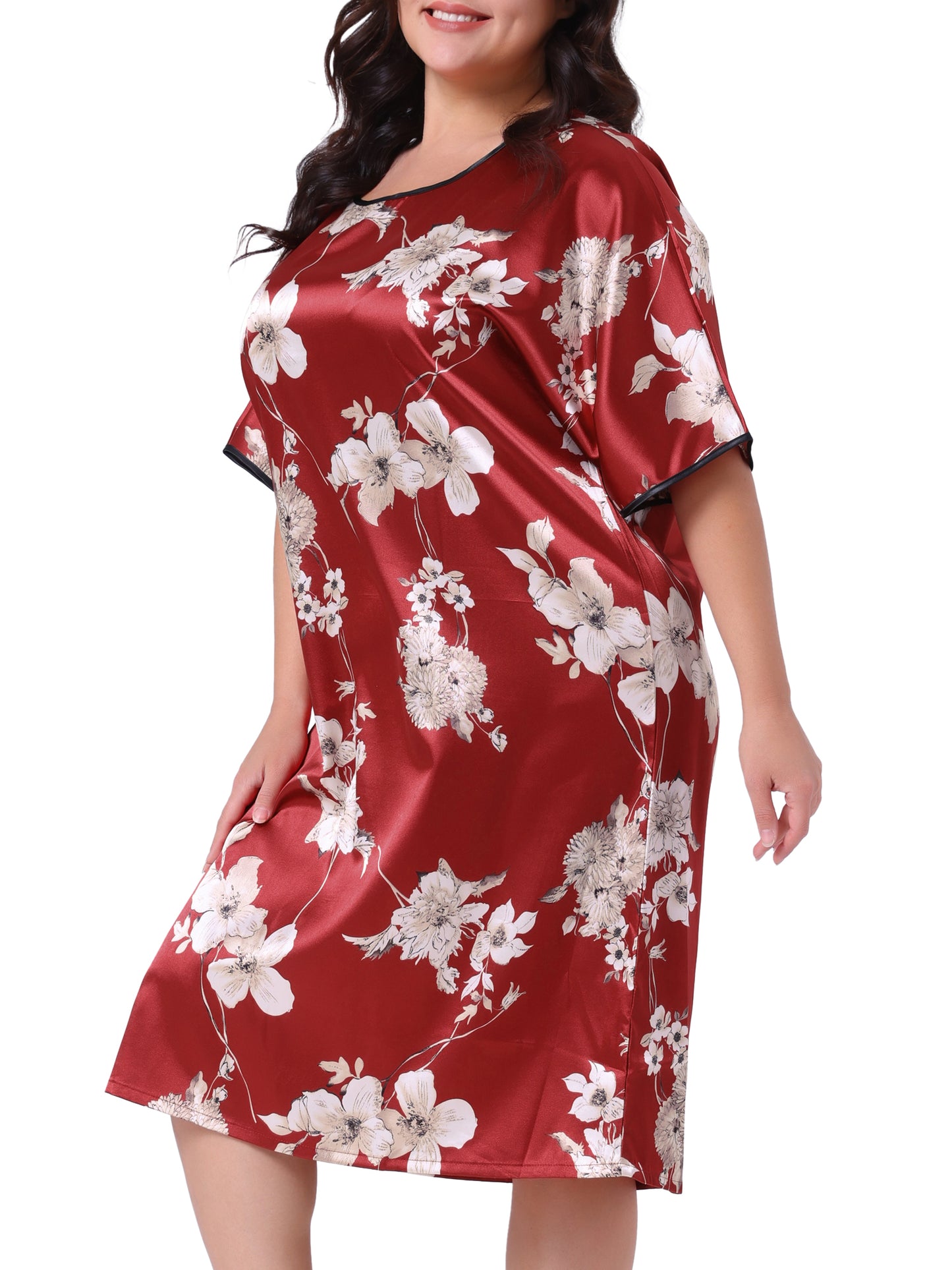 Women Plus Size Nightgown Satin Floral Print Short Sleeve Round Neck Midi Sleepwear