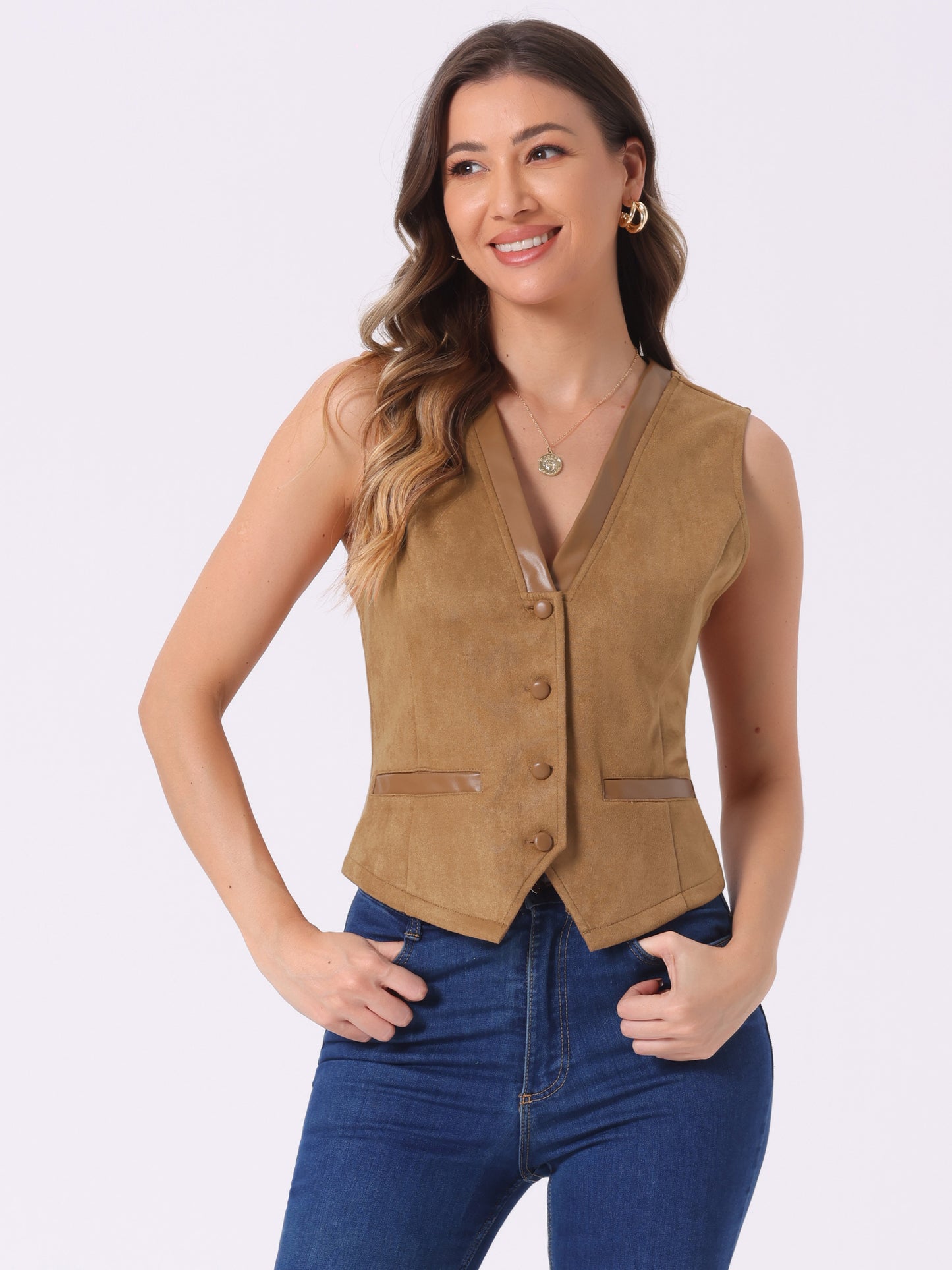 Women's V Neck Faux Suede Button Down Suit Vest