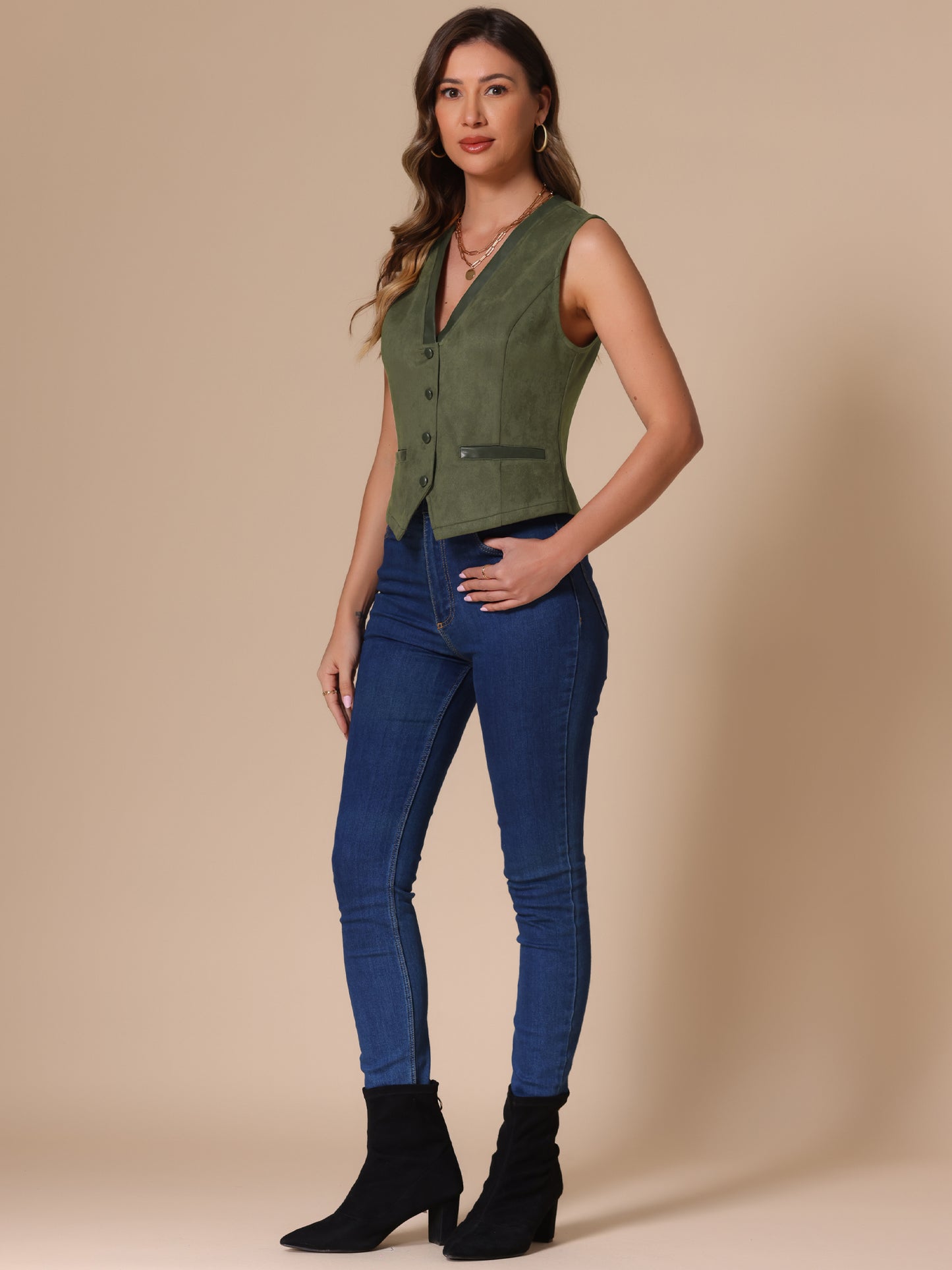 Women's V Neck Faux Suede Button Down Suit Vest