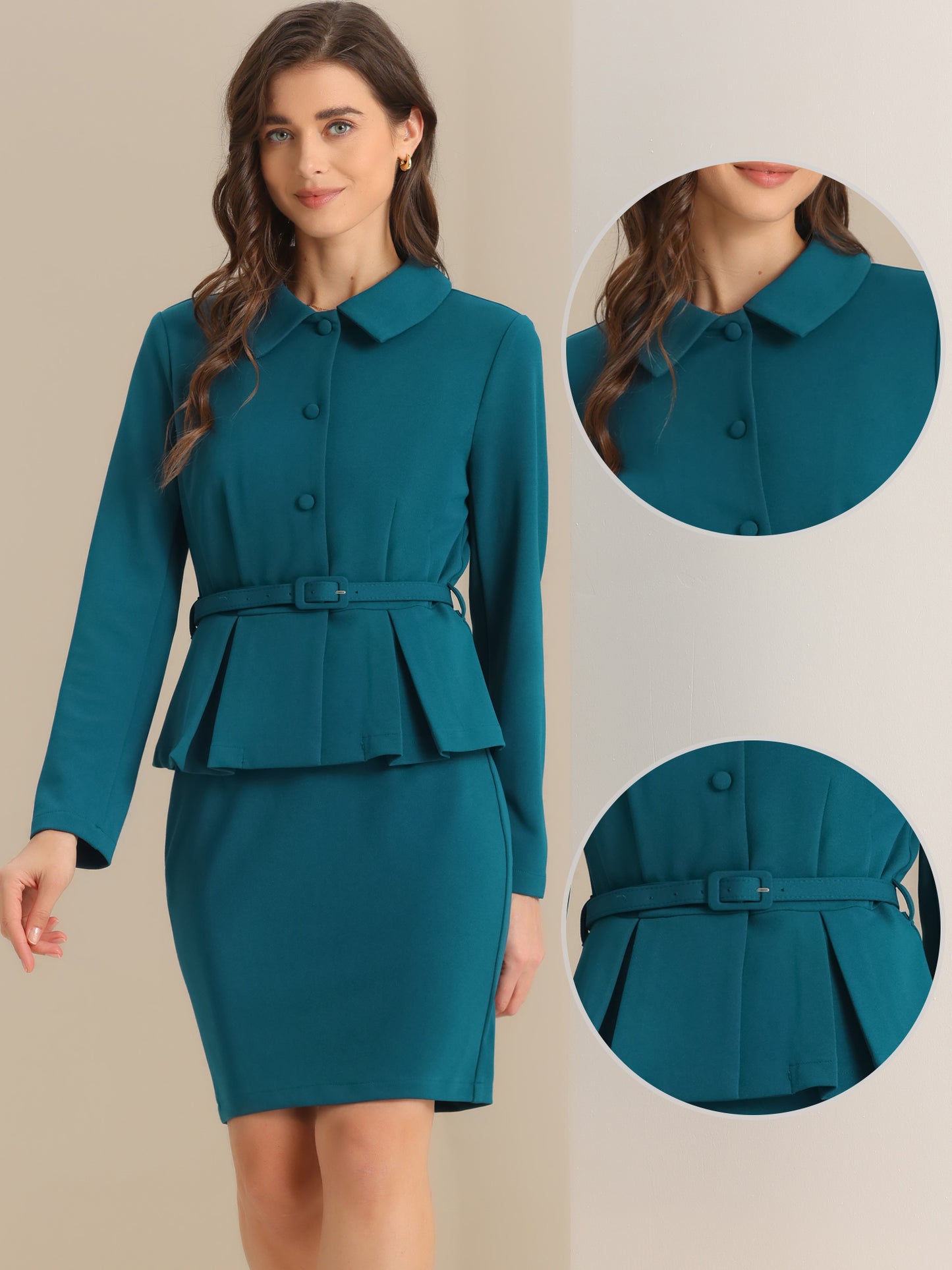 Women's Business Two Pieces Suit Set Peplum Blazer Jacket Mini Pencil Skirt