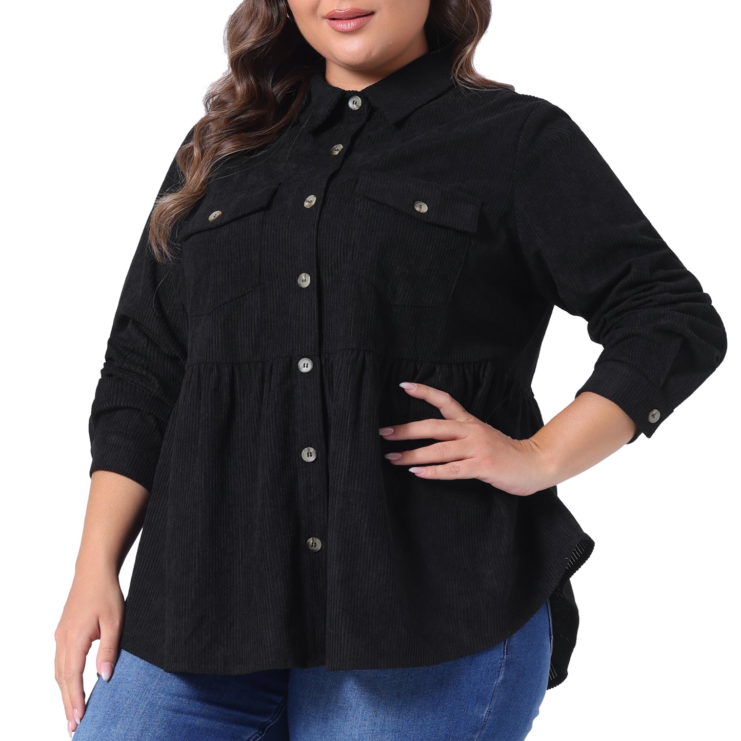 Women Plus Size Corduroy Shirts Peplum Cute Long Sleeve Button Down with Pockets Tops