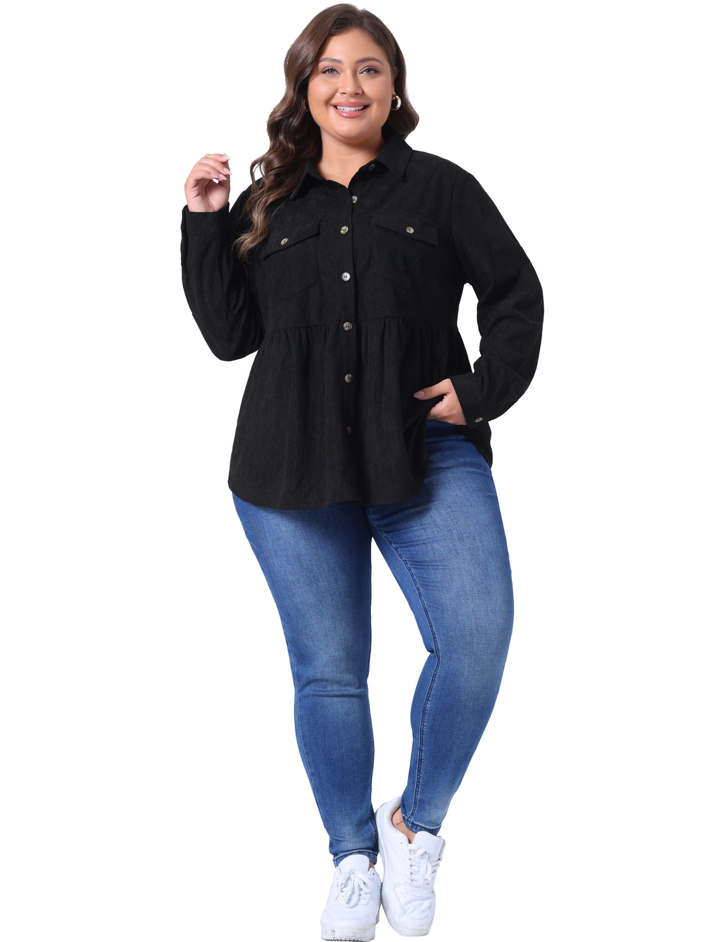 Women Plus Size Corduroy Shirts Peplum Cute Long Sleeve Button Down with Pockets Tops