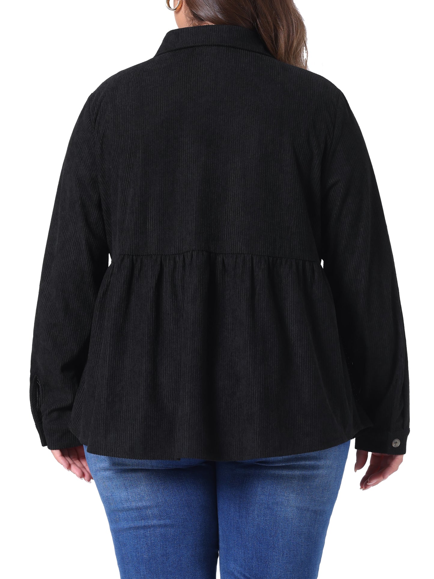 Women Plus Size Corduroy Shirts Peplum Cute Long Sleeve Button Down with Pockets Tops
