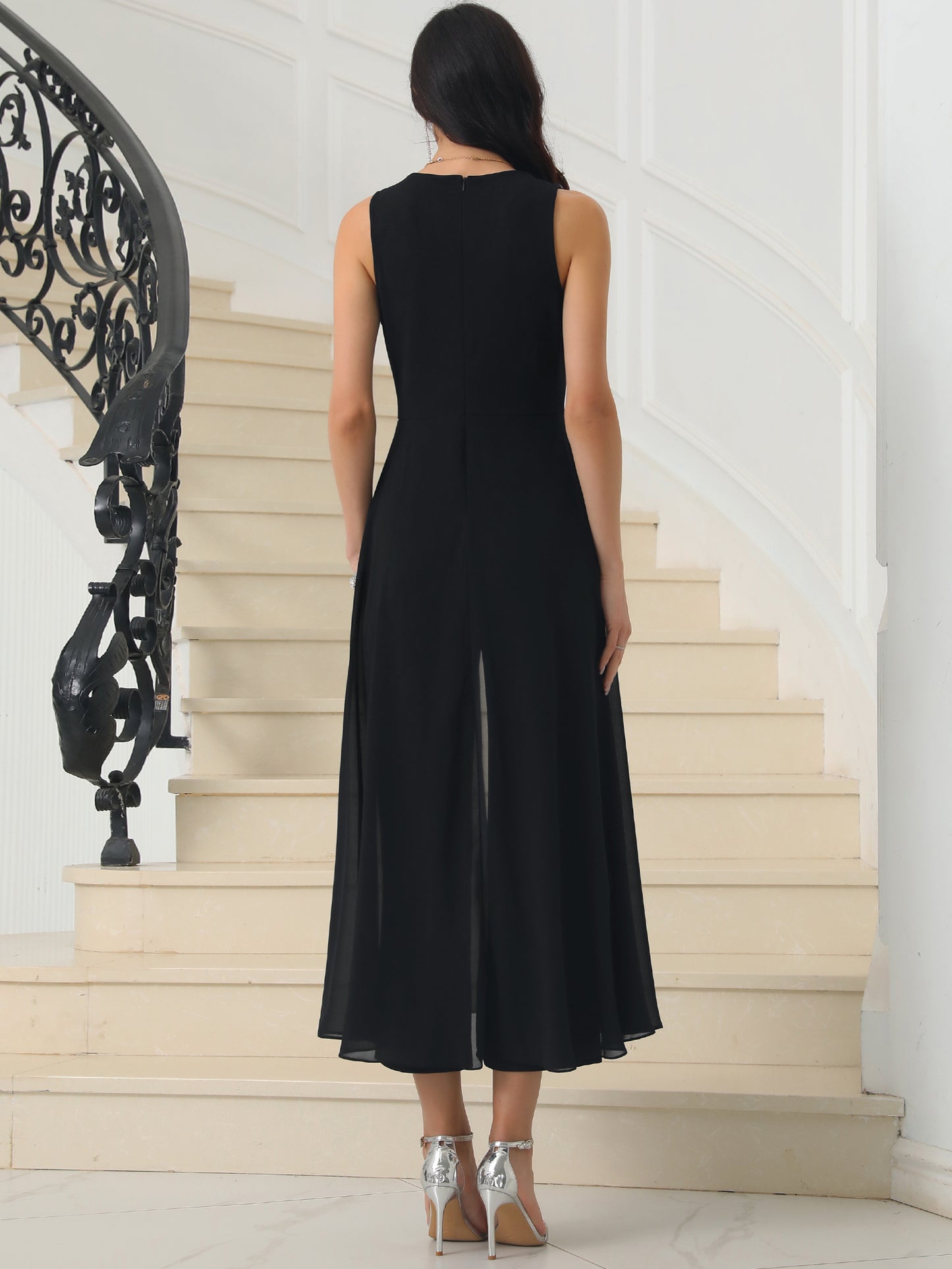 Women's Wide Leg Jumpsuits Chiffon V Neck Cocktail Sleeveless Jumpsuit