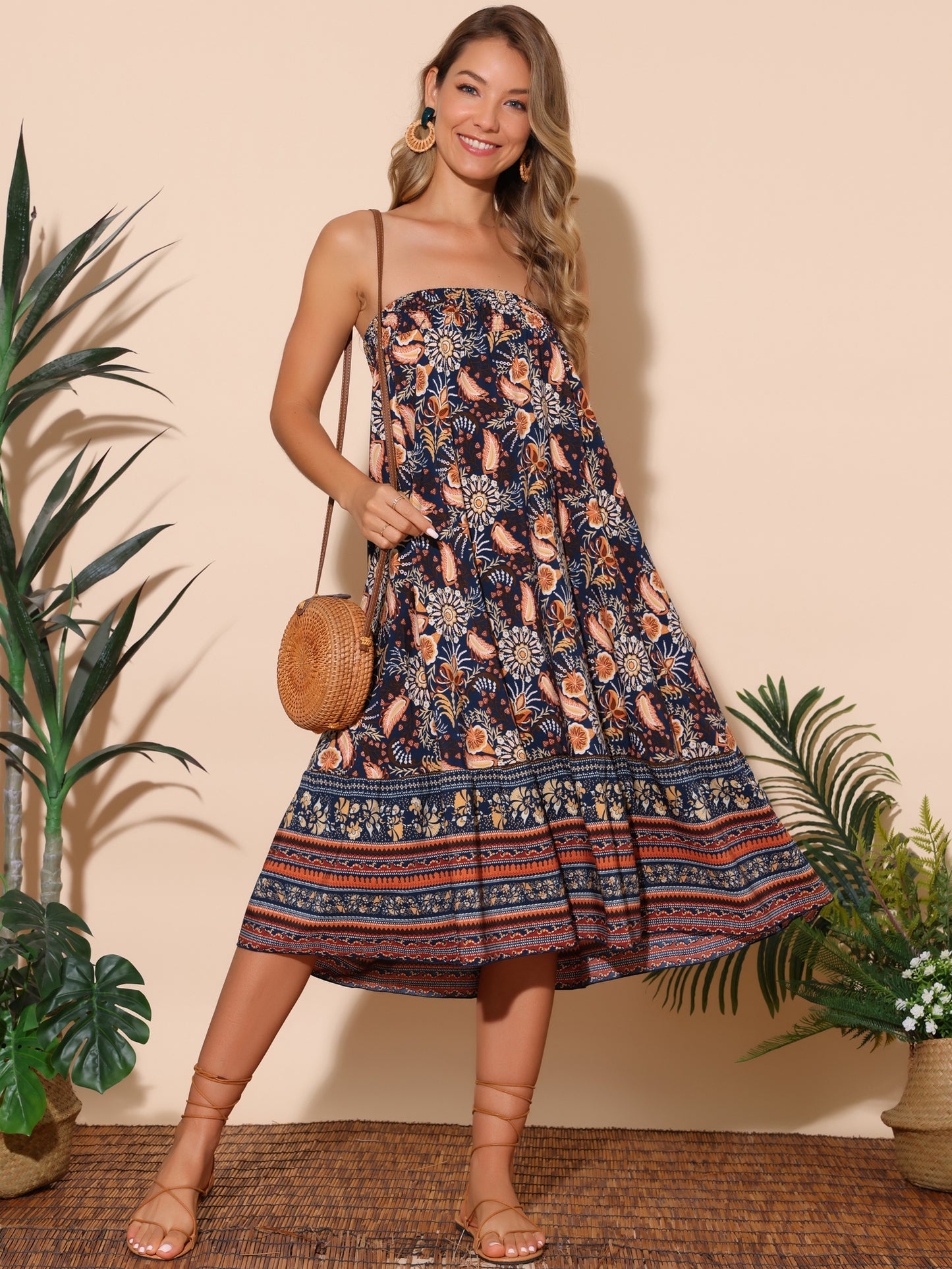 Women's Bohemian Print High Waist A Line Flowy Summer Maxi Skirt