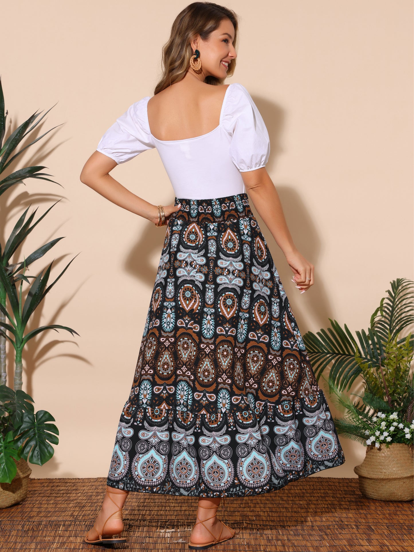 Women's Bohemian Print High Waist A Line Flowy Summer Maxi Skirt