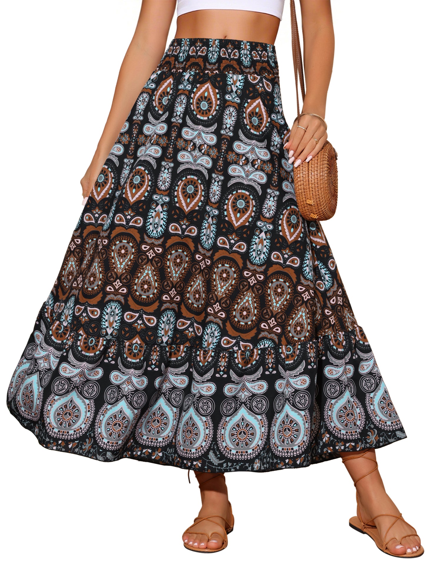 Women's Bohemian Print High Waist A Line Flowy Summer Maxi Skirt