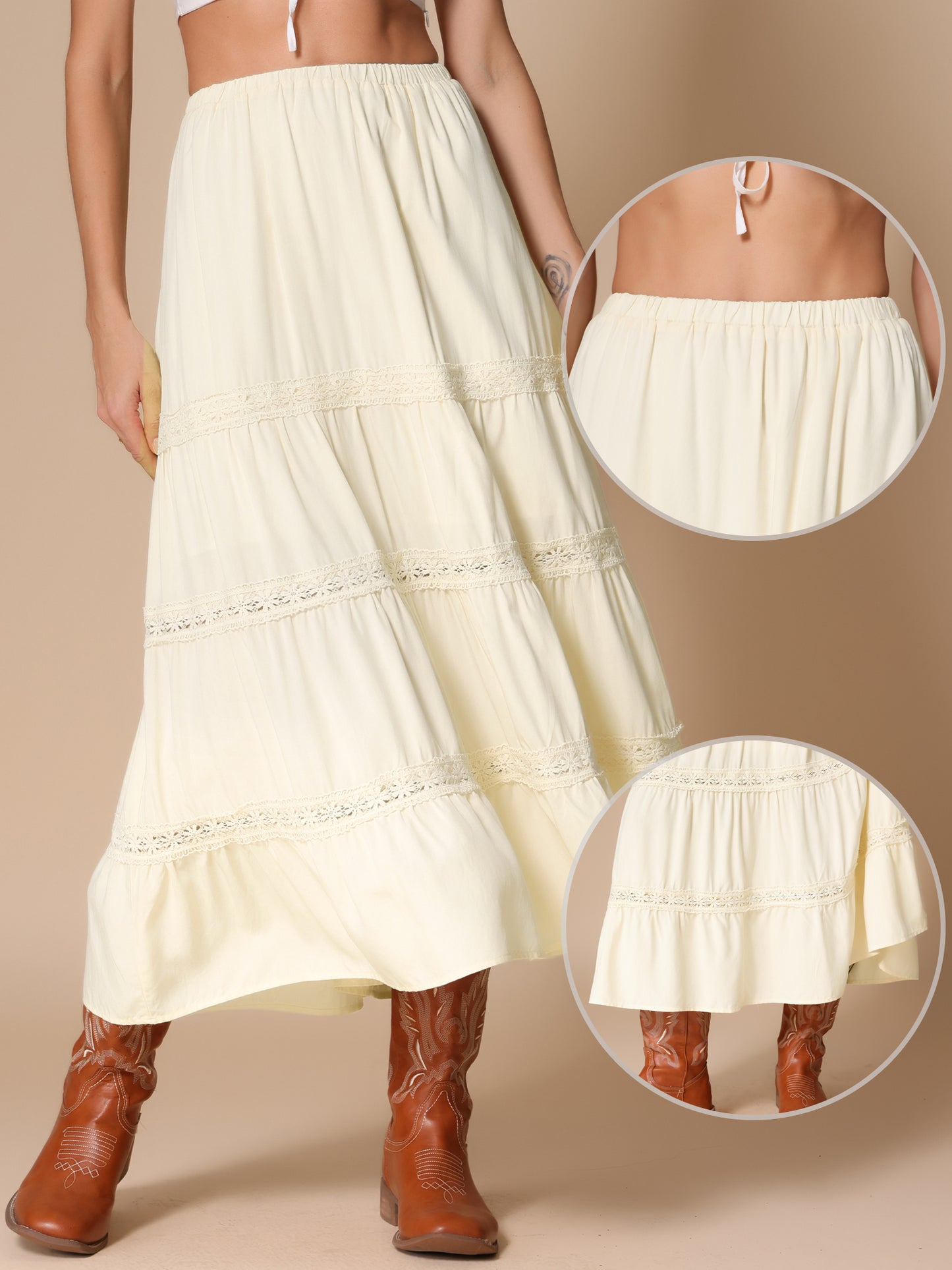 Women's Elastic High Waist Lace Trim Flowy Tiered Summer Maxi Skirt