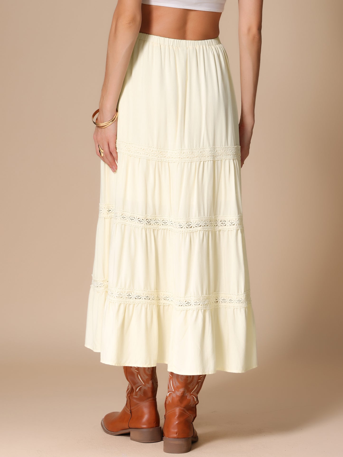 Women's Elastic High Waist Lace Trim Flowy Tiered Summer Maxi Skirt