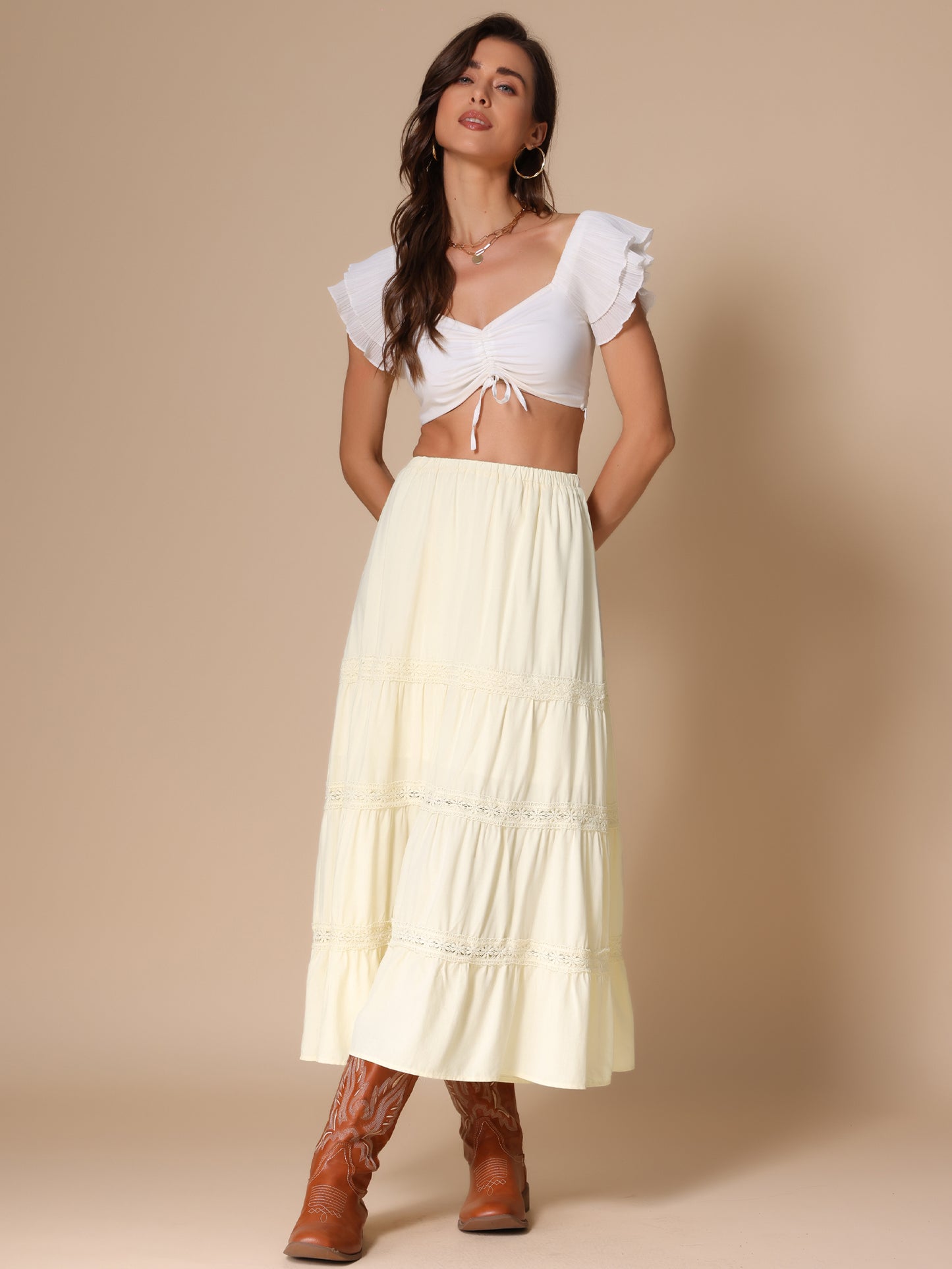 Women's Elastic High Waist Lace Trim Flowy Tiered Summer Maxi Skirt