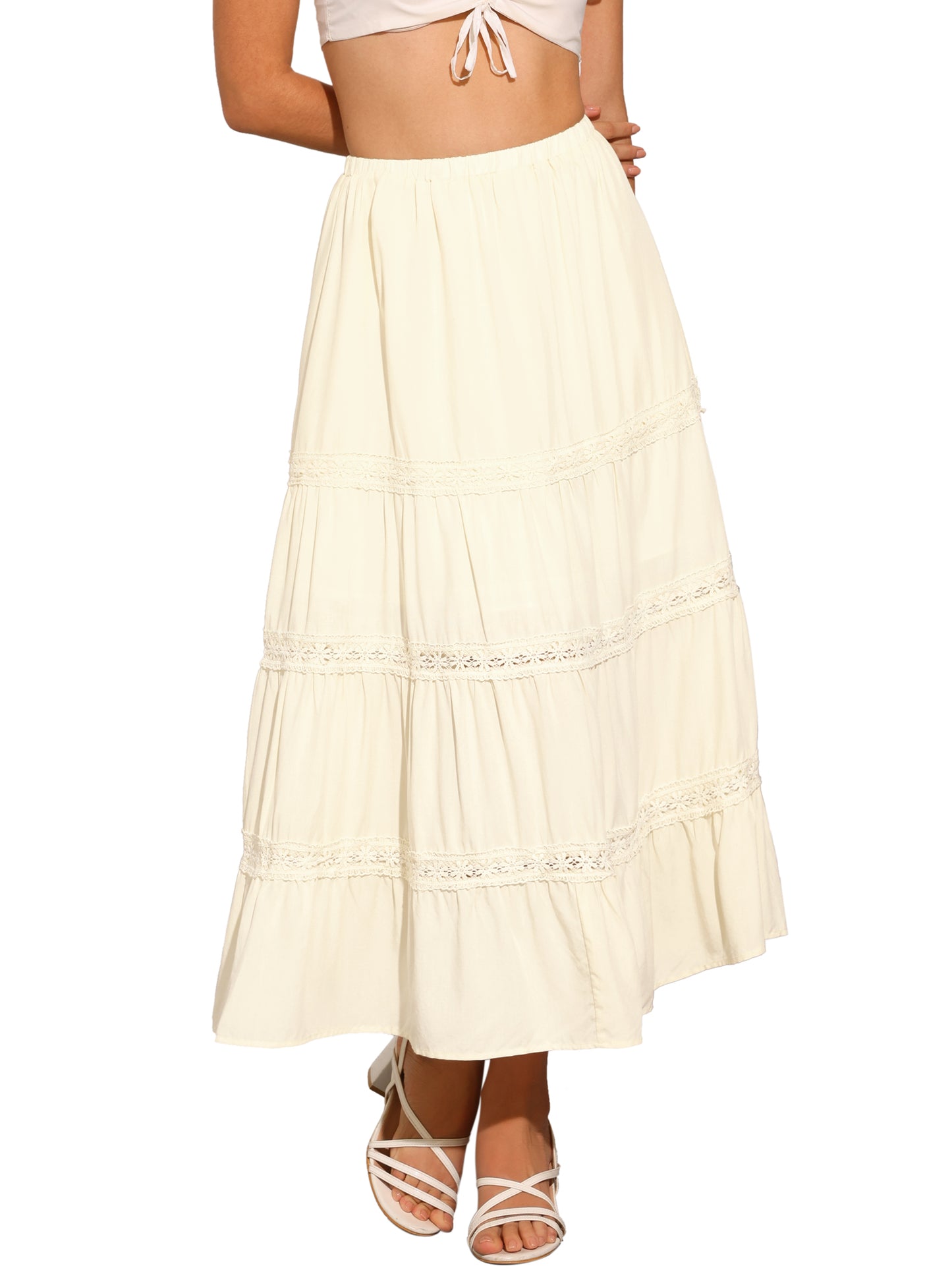 Women's Elastic High Waist Lace Trim Flowy Tiered Summer Maxi Skirt