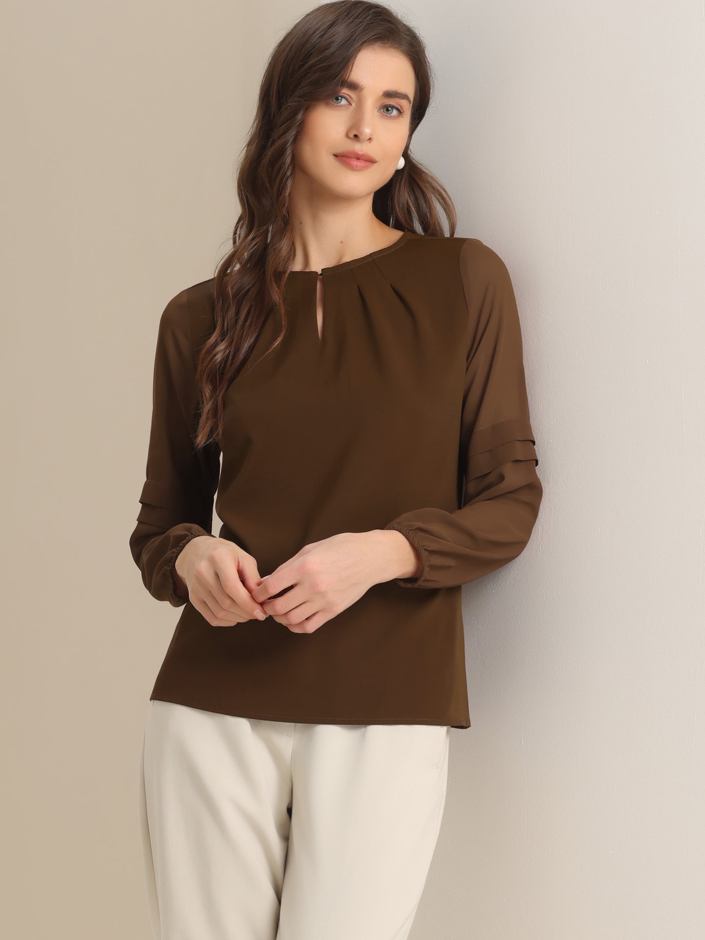 Women's Keyhole Neck Long Sleeve Business Casual Blouse Shirt