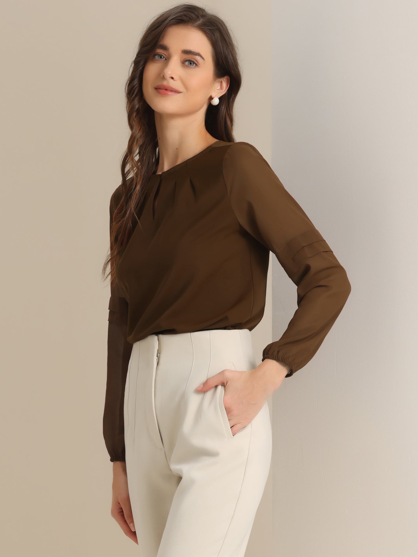 Women's Keyhole Neck Long Sleeve Business Casual Blouse Shirt