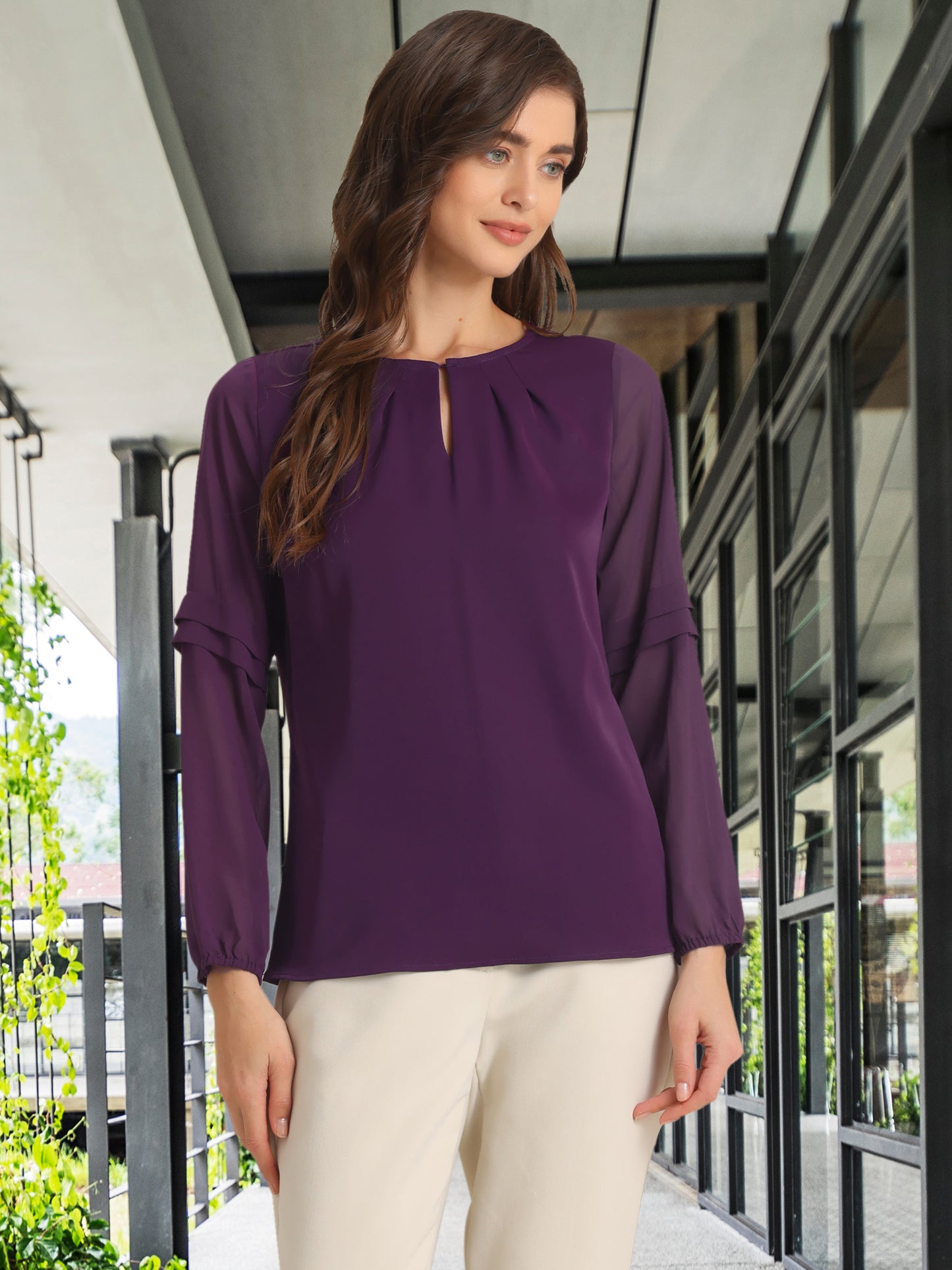 Women's Keyhole Neck Long Sleeve Business Casual Blouse Shirt
