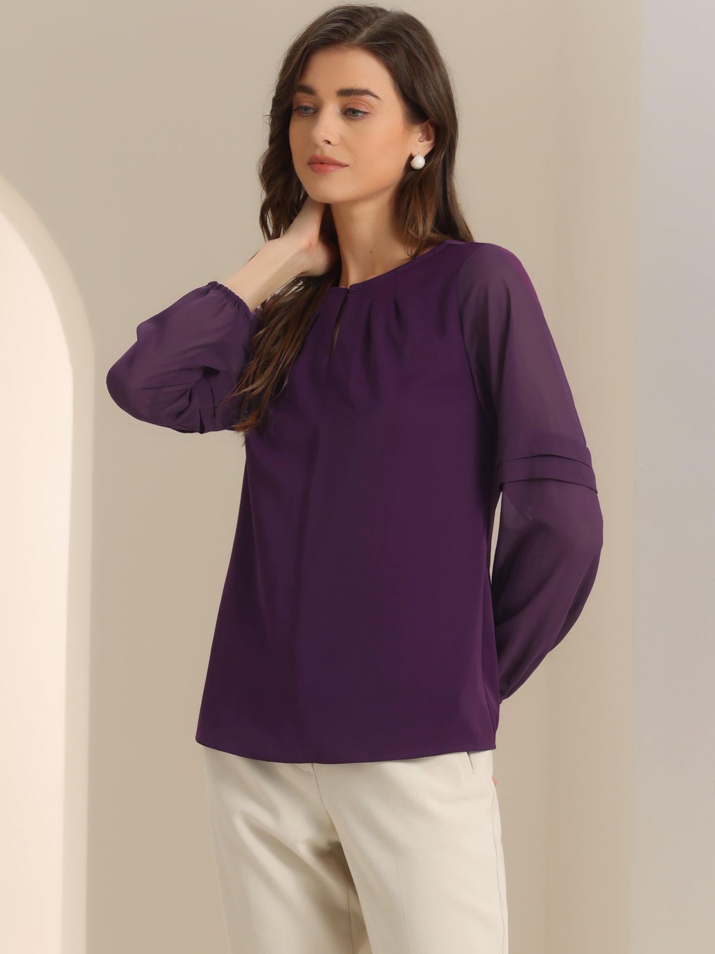 Women's Keyhole Neck Long Sleeve Business Casual Blouse Shirt
