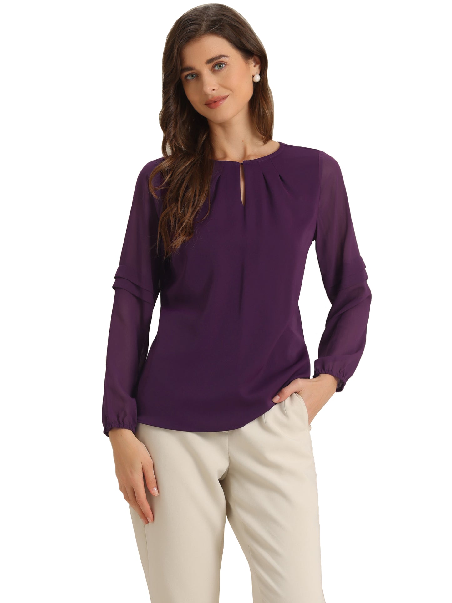 Women's Keyhole Neck Long Sleeve Business Casual Blouse Shirt
