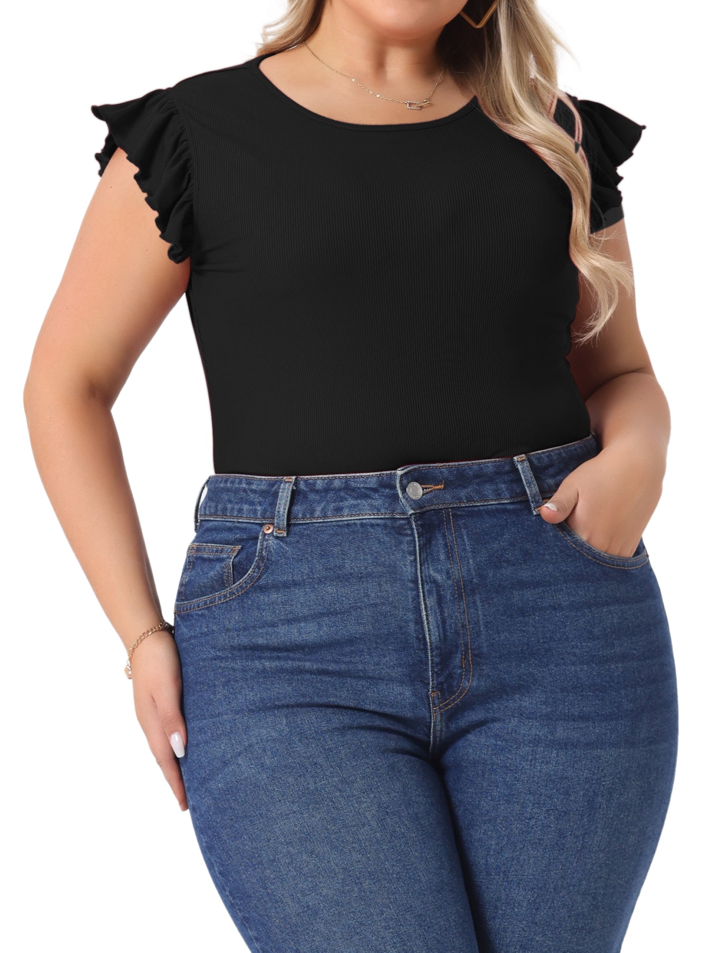 Body de talla grande para mujer, cuello redondo, volantes, sin mangas, ajustado, informal, básico, elástico
