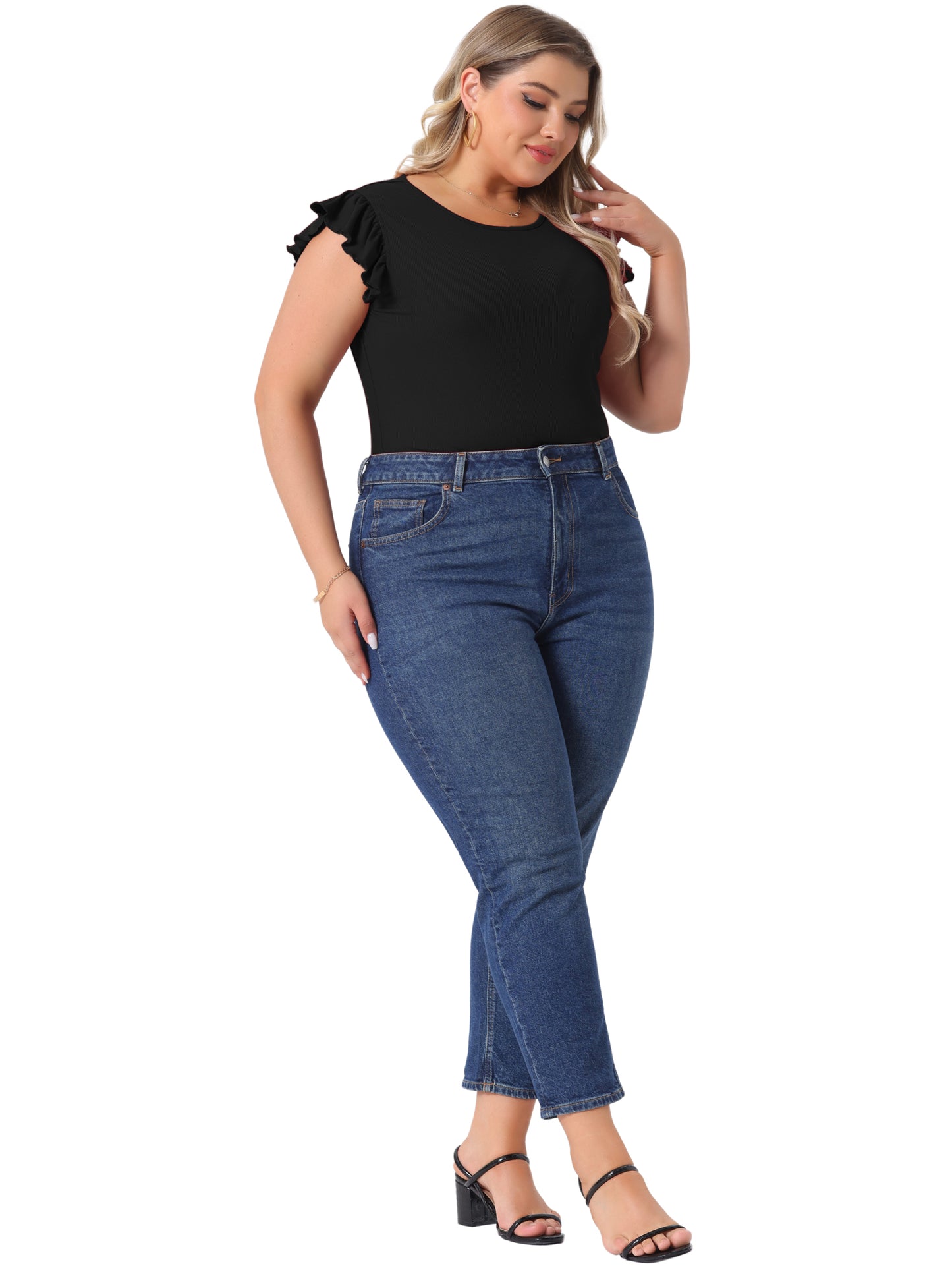 Body de talla grande para mujer, cuello redondo, volantes, sin mangas, ajustado, informal, básico, elástico