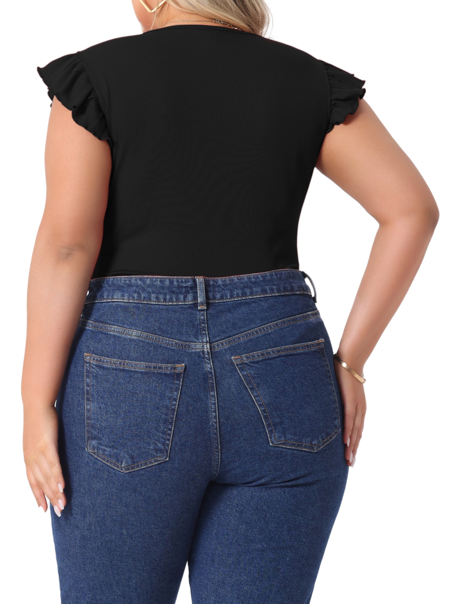 Body de talla grande para mujer, cuello redondo, volantes, sin mangas, ajustado, informal, básico, elástico