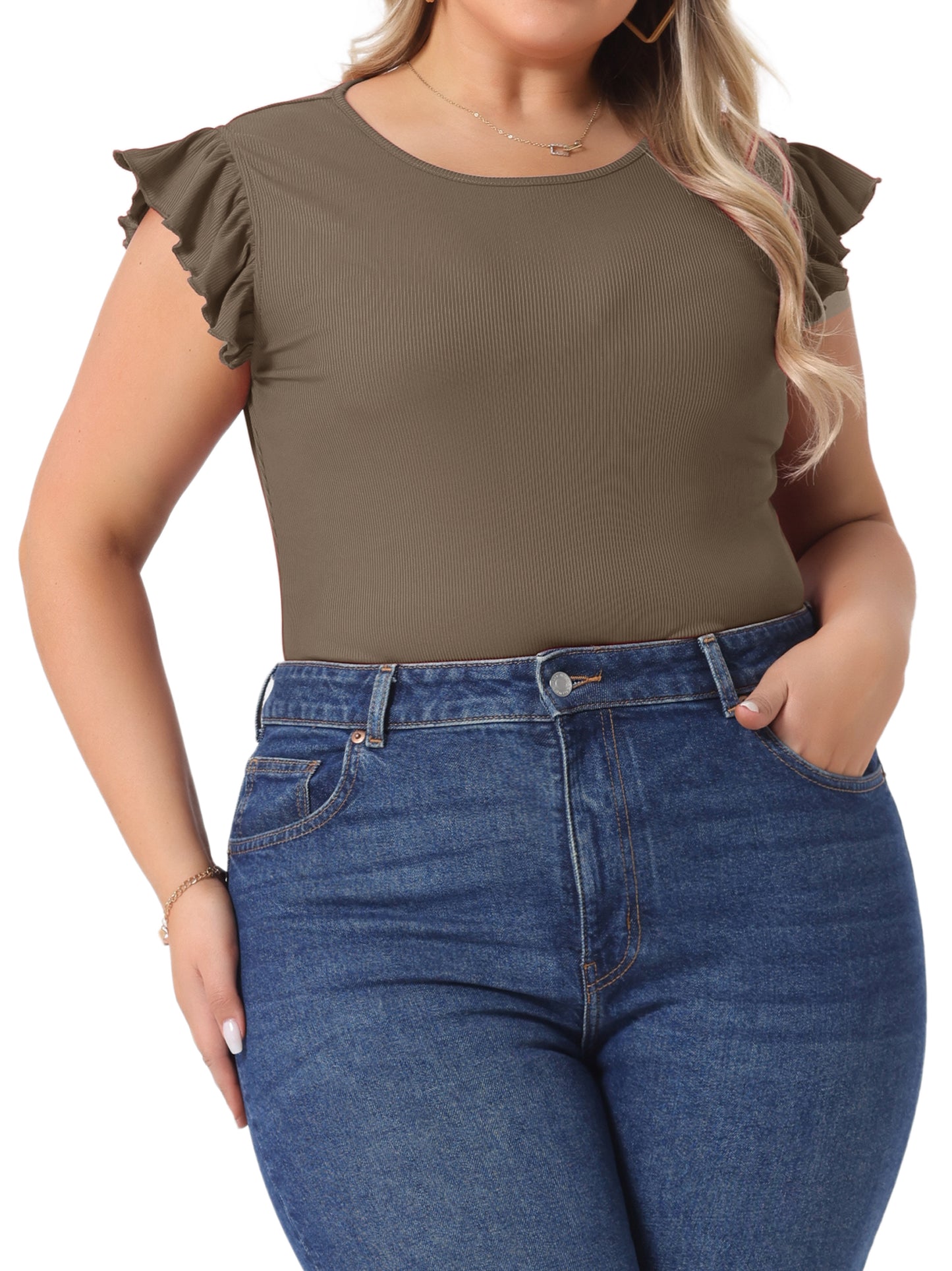 Body de talla grande para mujer, cuello redondo, volantes, sin mangas, ajustado, informal, básico, elástico