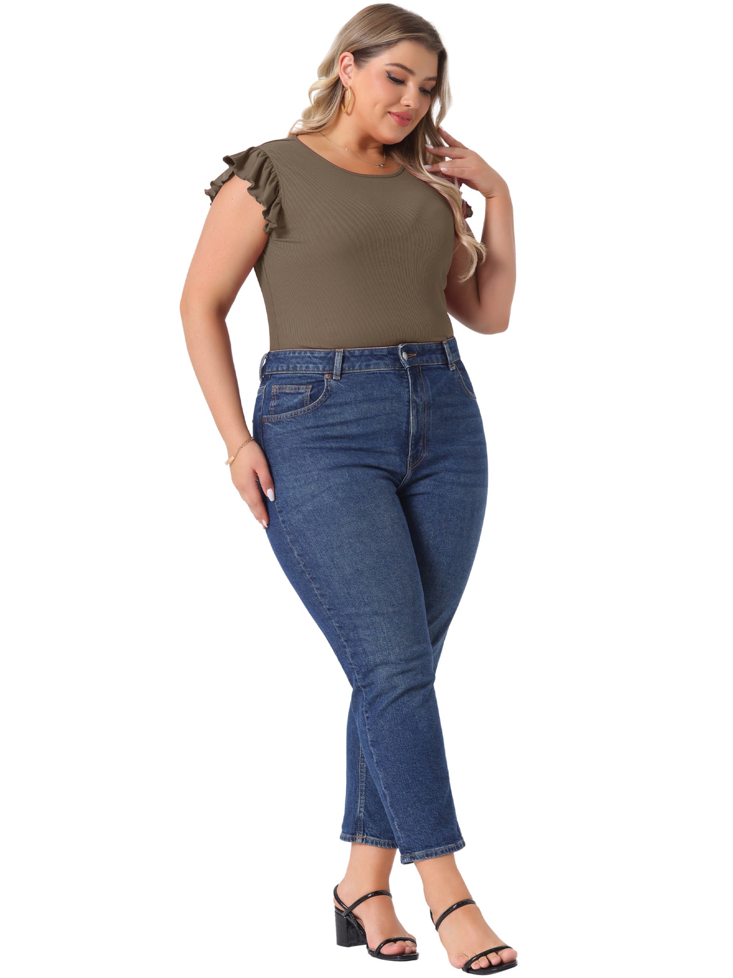 Body de talla grande para mujer, cuello redondo, volantes, sin mangas, ajustado, informal, básico, elástico