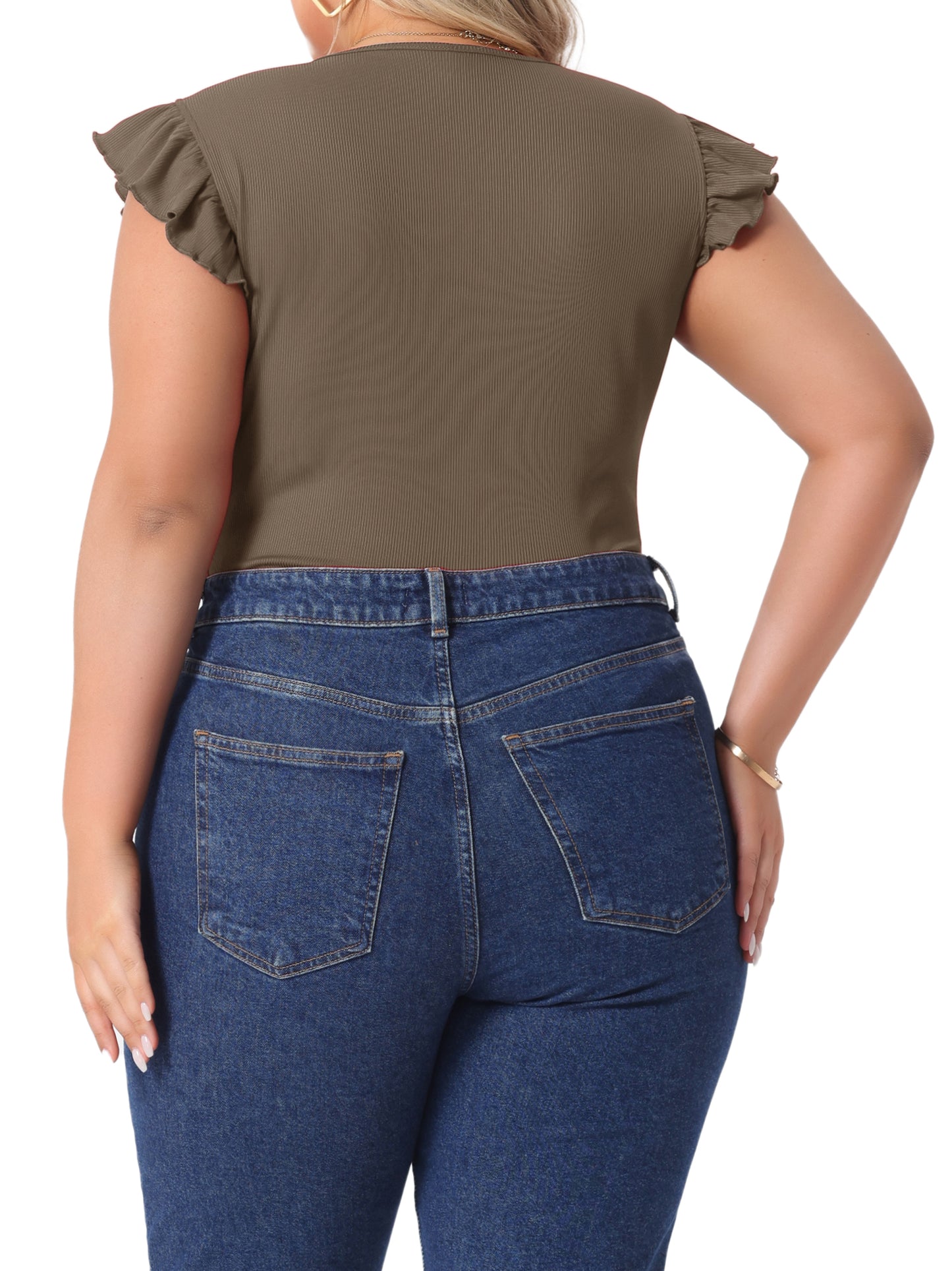 Body de talla grande para mujer, cuello redondo, volantes, sin mangas, ajustado, informal, básico, elástico