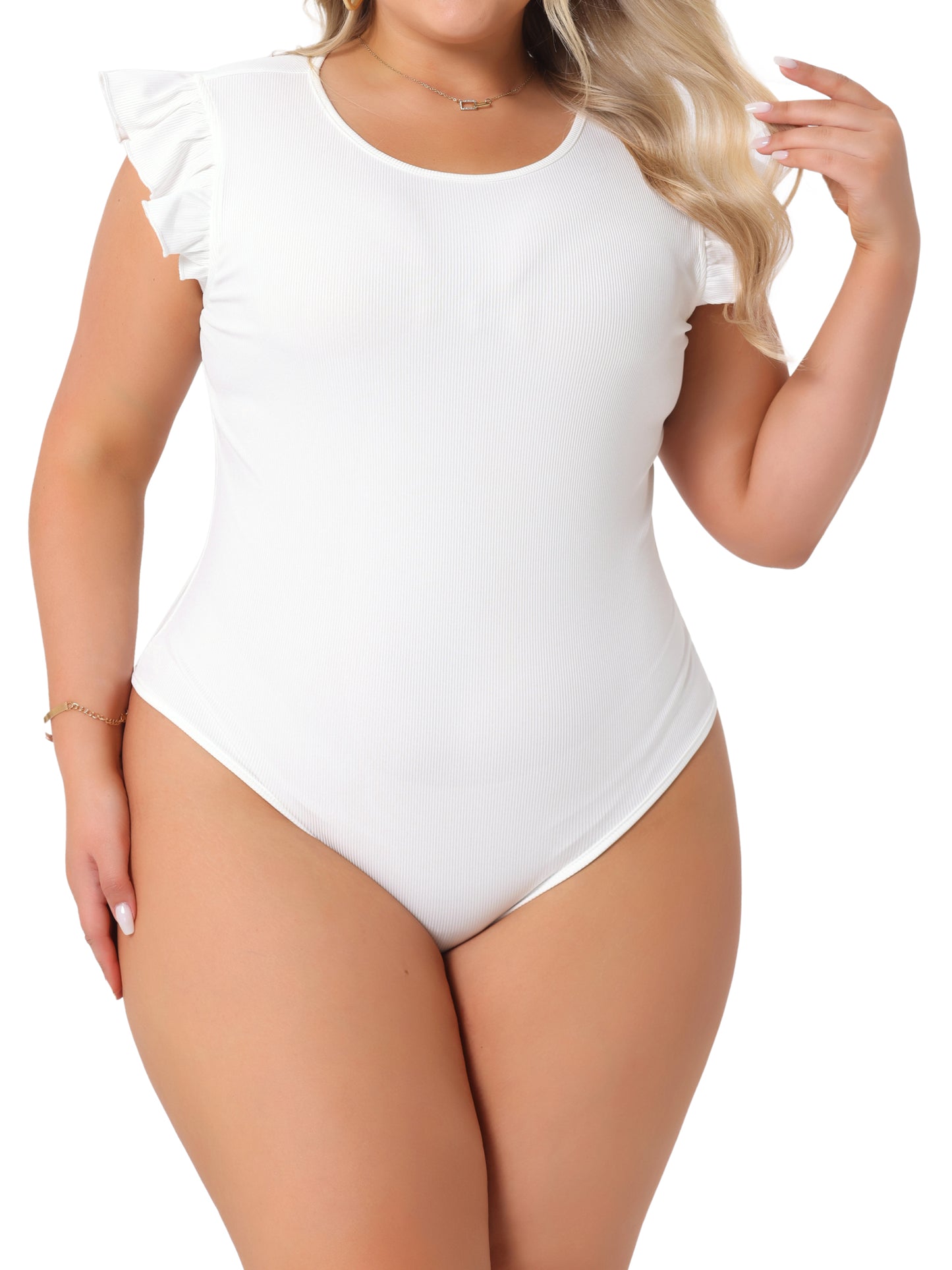 Body de talla grande para mujer, cuello redondo, volantes, sin mangas, ajustado, informal, básico, elástico