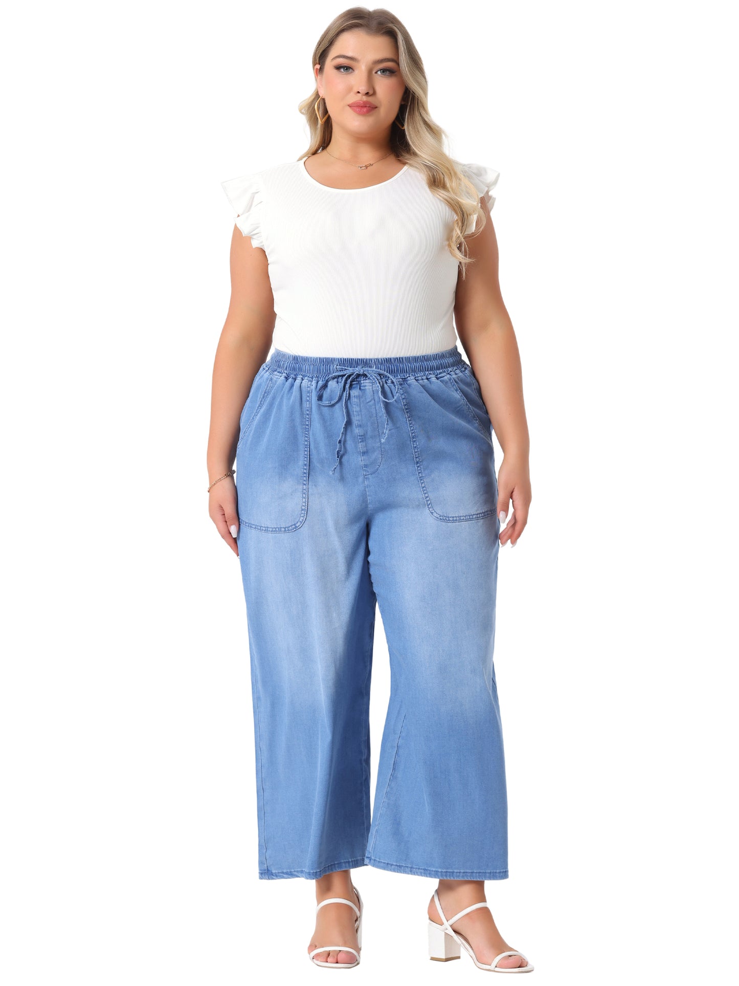 Body de talla grande para mujer, cuello redondo, volantes, sin mangas, ajustado, informal, básico, elástico
