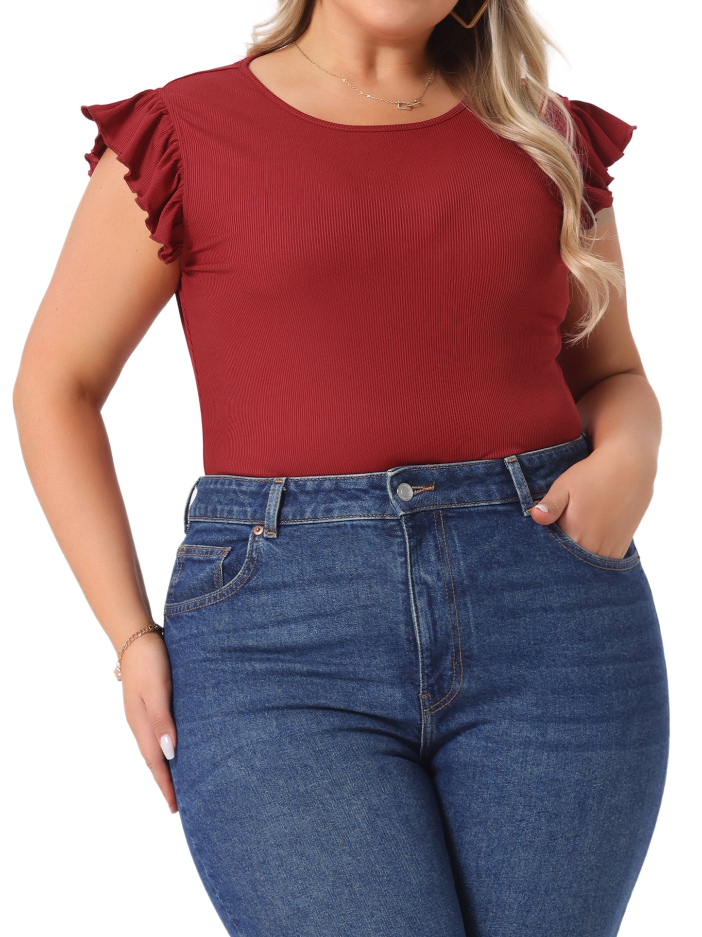 Body de talla grande para mujer, cuello redondo, volantes, sin mangas, ajustado, informal, básico, elástico